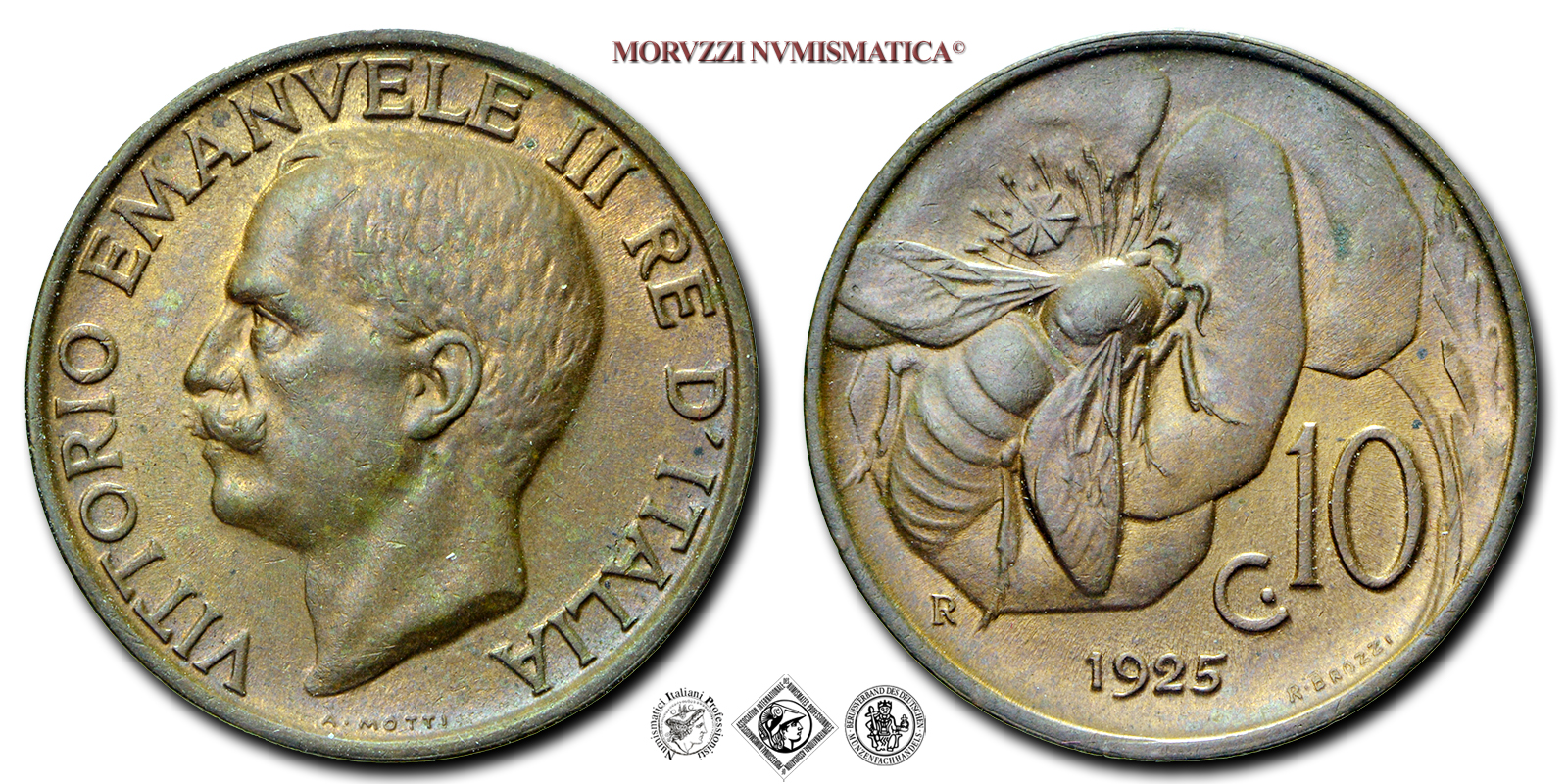 Regno d'Italia, VITTORIO EMANUELE III, 10 CENTESIMI, 1925, Ape, Zecca di Roma, RAME, FDC, (Pagani 870) / monete italiane moderne (moneta italiana moderna da collezione - Casa Savoia) | Moruzzi Numismatica