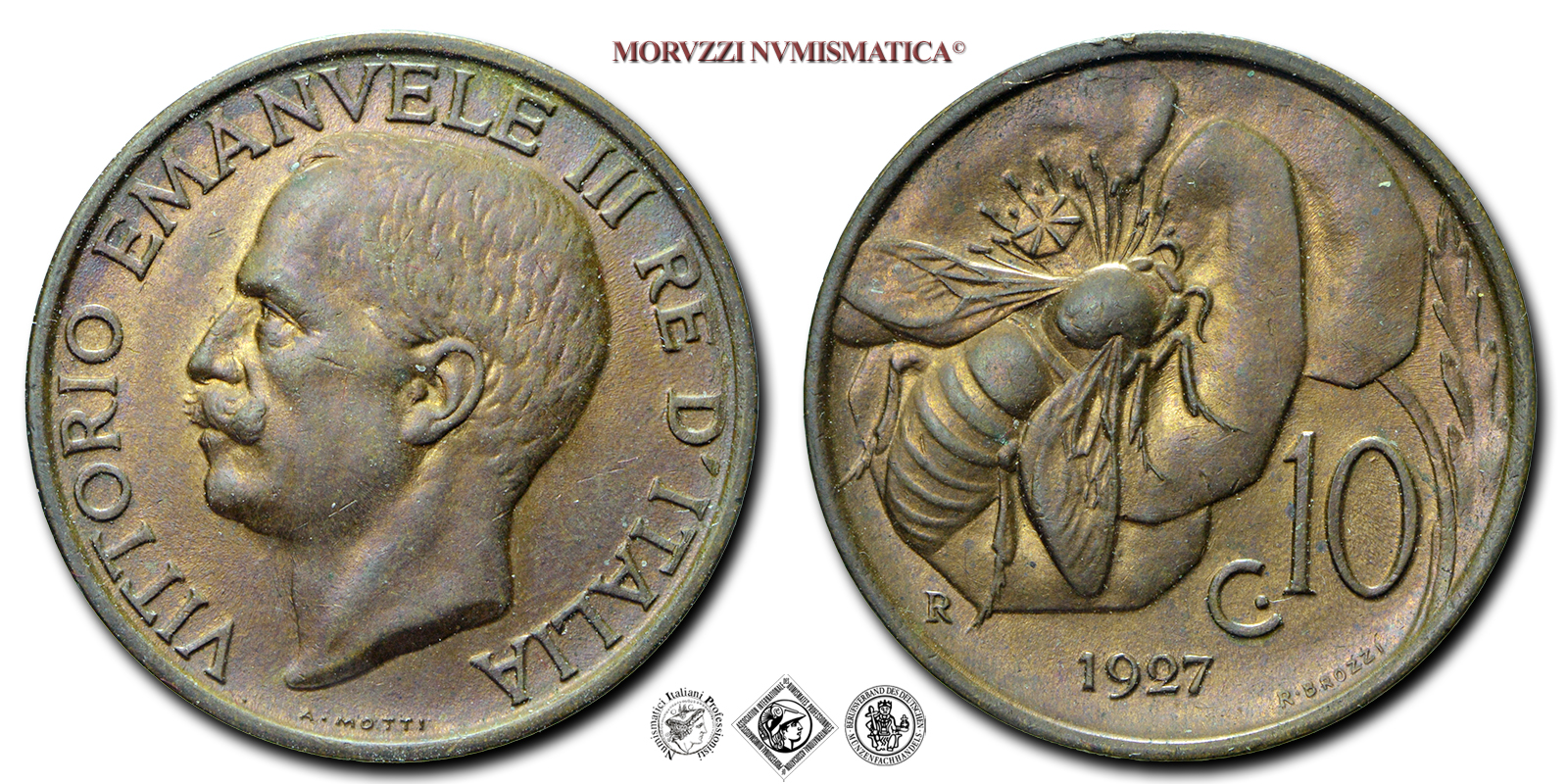 Regno d'Italia, VITTORIO EMANUELE III, 10 CENTESIMI, 1927, Ape, Zecca di Roma, RAME, FDC, (Pagani 872) / monete italiane moderne (moneta italiana moderna da collezione - Casa Savoia) | Moruzzi Numismatica