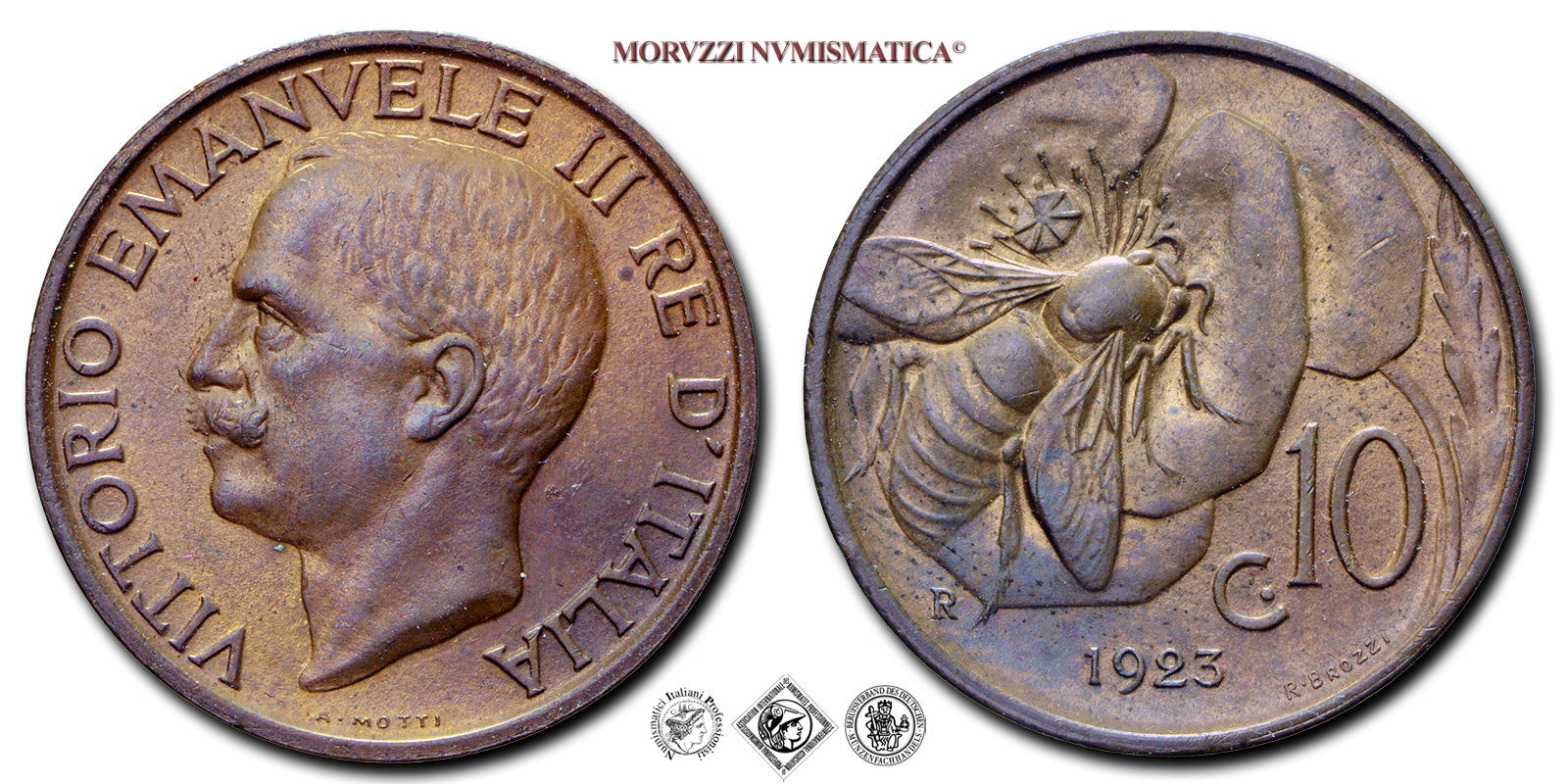 Regno d'Italia, VITTORIO EMANUELE III, 10 CENTESIMI, 1923, Ape, Zecca di Roma, RAME, FDC, (Pagani 868) / monete italiane moderne (moneta italiana moderna da collezione - Casa Savoia) | Moruzzi Numismatica