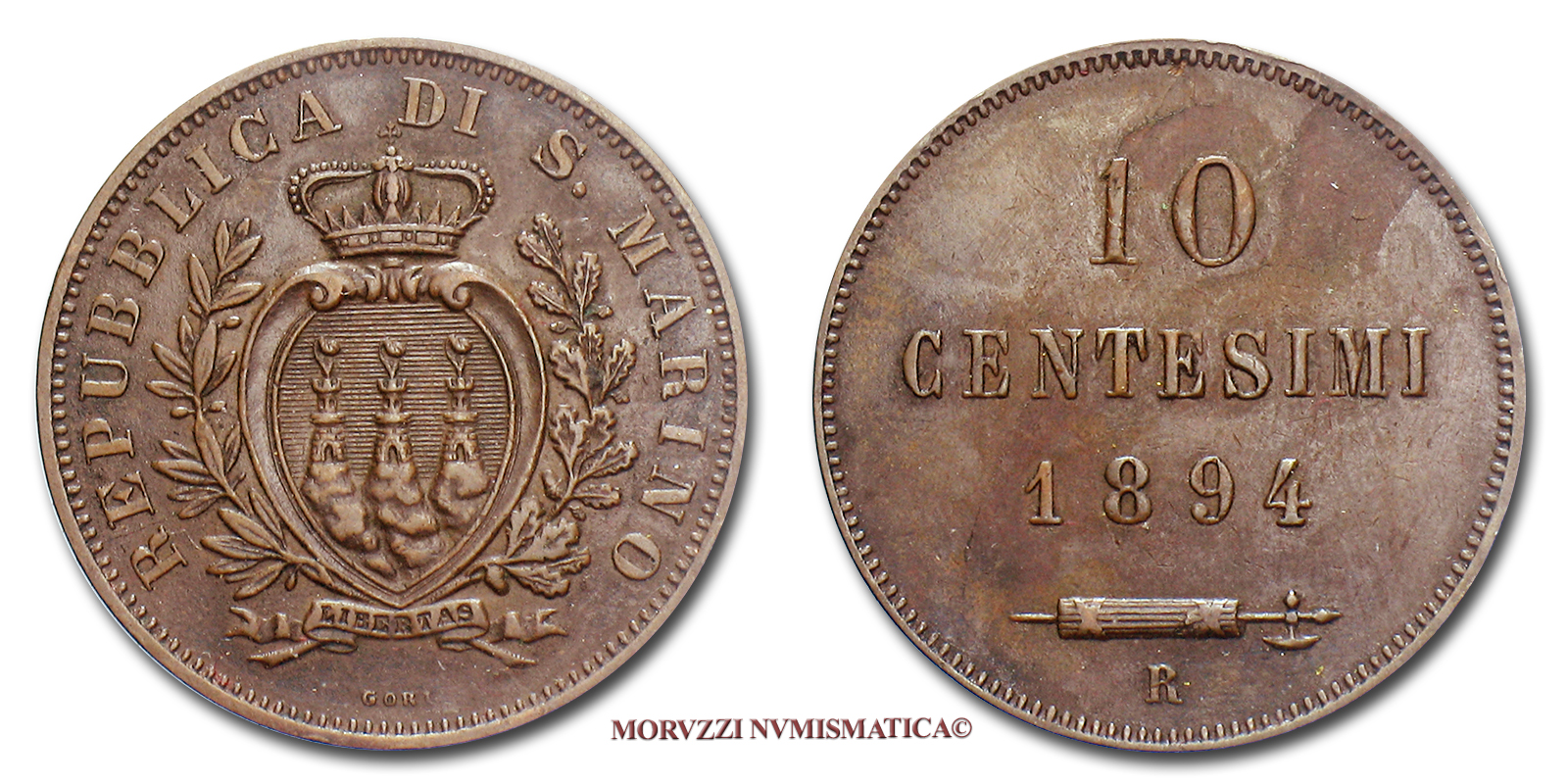 Repubblica di San Marino,VECCHIA MONETAZIONE,1864-1938,CENTESIMI 10,1894 | Moruzzi Numismatica