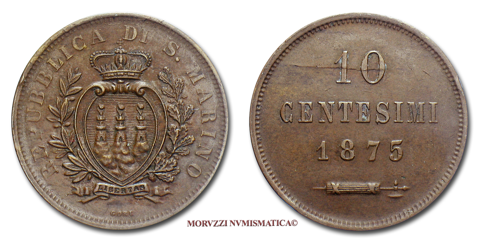 Repubblica di San Marino,VECCHIA MONETAZIONE,1864-1938,CENTESIMI 10,1875 | Moruzzi Numismatica