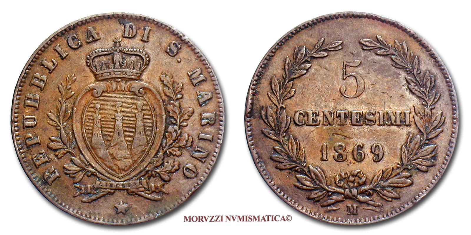 Repubblica di San Marino,VECCHIA MONETAZIONE,1864-1938,CENTESIMI 5,1869 | Moruzzi Numismatica