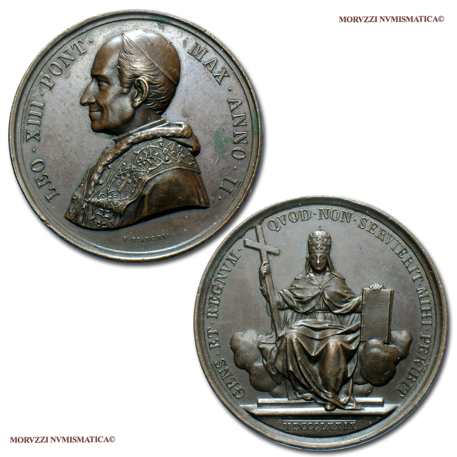 Stato Pontificio, LEONE XIII, MEDAGLIA ANNUALE IN BRONZO, 1879 ANNO II, La Chiesa contro le teorie sovversive, Opus Francesco Bianchi, mSPL, (R), (Bartolotti E879) / Pope Leo XIII Pecci BRONZE MEDALS (medaglie papali annuali - medaglie pontificie rare) | Moruzzi Numismatica