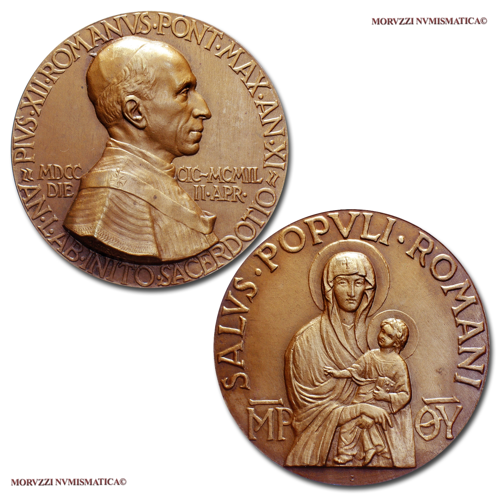 Città del Vaticano, PIO XII, MEDAGLIA STRAORDINARIA BRONZO, 1949, 50° anniversario ordinazione sacerdotale, (Cusumano - Modesti 68) | Moruzzi Numismatica