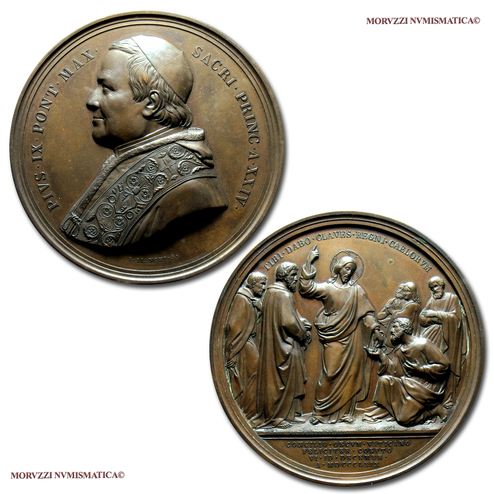 Stato Pontificio, PIO IX, MEDAGLIA STRAORDINARIA IN BRONZO, 1869 A XXIV, Apertura del Concilio Ecumenico Vaticano I: Gesú consegna le chiavi, Opus Giuseppe e Francesco Bianchi, qFDC, (R), (Bartolotti XXIV-8) / Pius IX BRONZE MEDALS (medaglie papali rare) | Moruzzi Numismatica