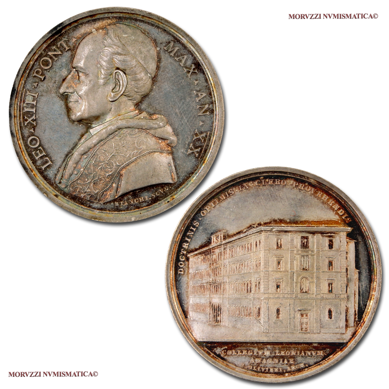 Stato Pontificio, LEONE XIII, MEDAGLIA ANNUALE IN ARGENTO, AN XX (1897), Fondazione del Collegio Leoniano in Anagni, Opus Francesco Bianchi, FDC, (NC), (Bartolotti E897) / Papal States Pope Leo XIII SILVER MEDALS (medaglie papali annuali d'argento) | Moruzzi Numismatica