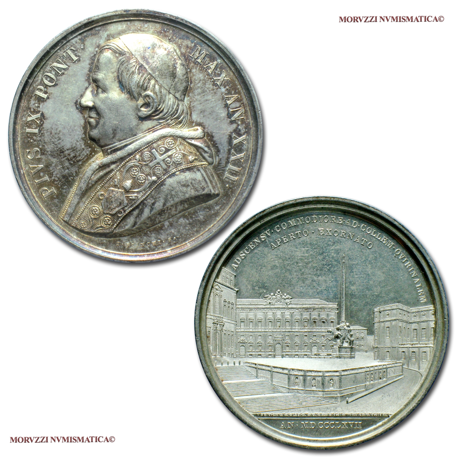 Stato Pontificio, PIO IX, MEDAGLIA ANNUALE IN ARGENTO, 1867 AN XXII, La scalinata di Piazza del Quirinale, Opus Ignazio Bianchi, FDC, (NC), (Bartolotti E867) Papal States Pope Pius IX SILVER MEDALS (medaglie papali d'argento - medaglie pontificie annuali) | Moruzzi Numismatica