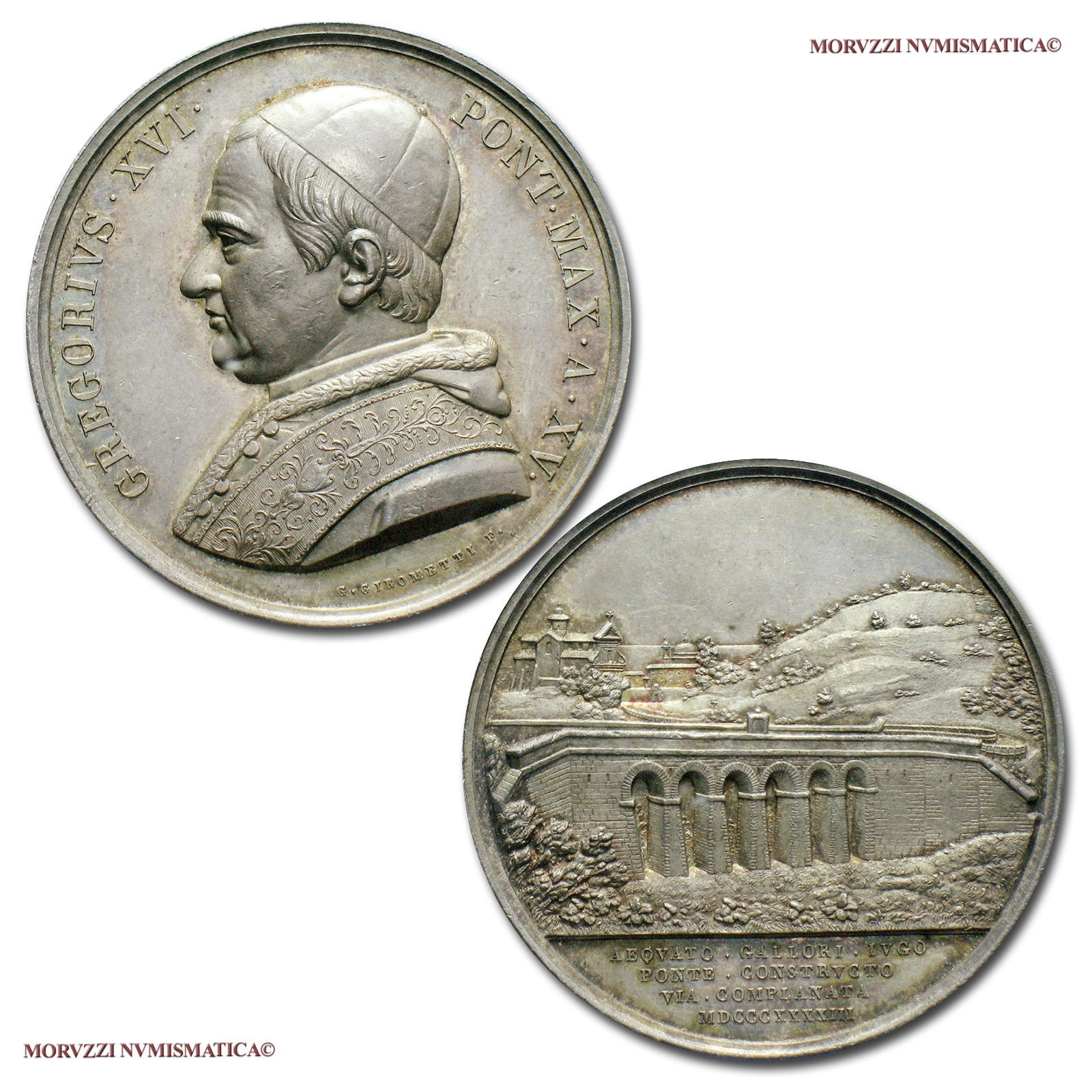 Stato Pontificio, GREGORIO XVI, MEDAGLIA ANNUALE IN ARGENTO, 1845 A. XV, Costruzione del Ponte di Galloro, Opus Giuseppe Girometti, (Bartolotti 845) | Moruzzi Numismatica