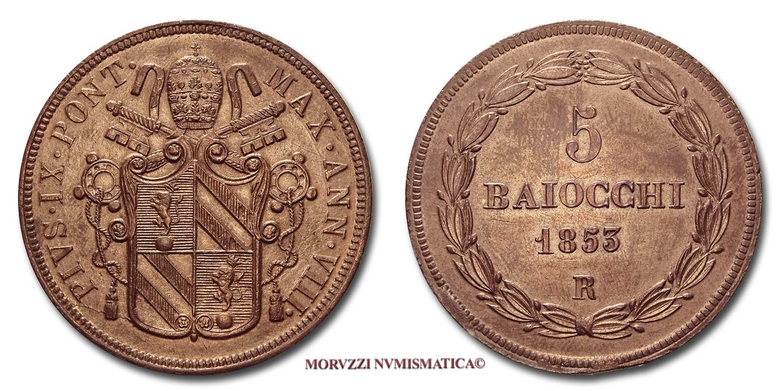 Stato Pontificio, PIO IX, 5 BAIOCCHI, 1853 A VIII, (Pagani 482) | Moruzzi Numismatica