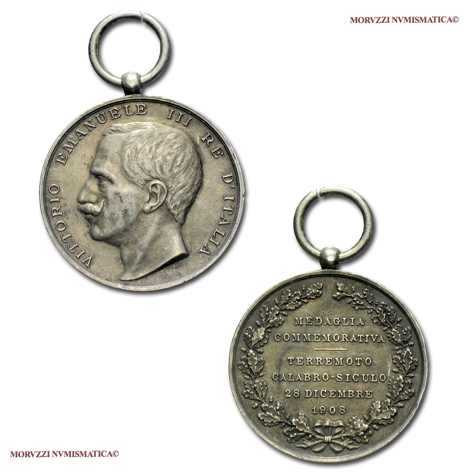 Regno d'Italia, VITTORIO EMANUELE III, MEDAGLIA COMMEMORATIVA IN BRONZO ARGENTATO, 20.02.1910, Terremoto Calabro-Siculo 1908, Opus L. Giorgi, (Bini pag. 107) | Moruzzi Numismatica
