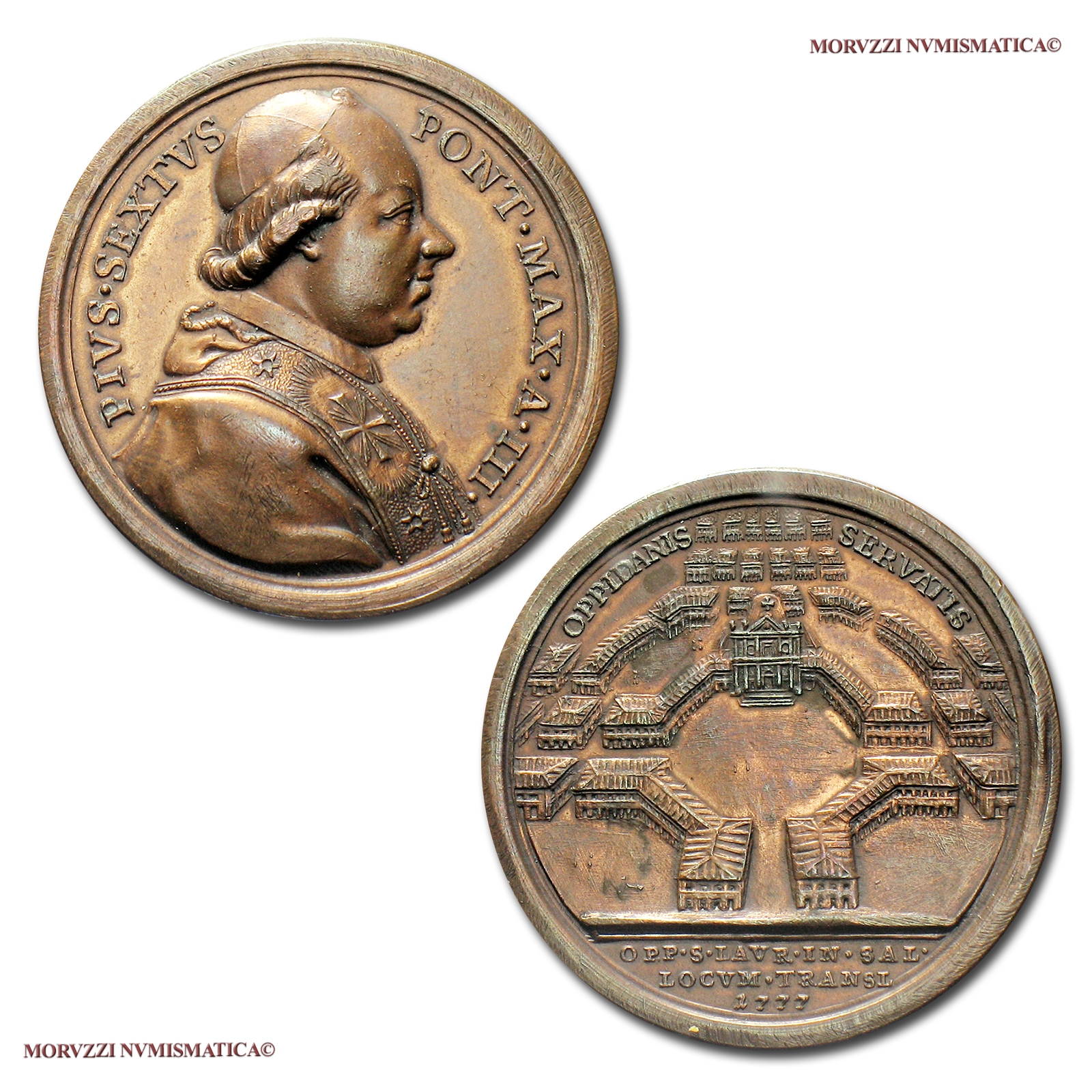 Stato Pontificio, PIO VI, MEDAGLIA IN BRONZO, 1777, Fondazione del Borgo di San Lorenzo, Opus F. Hamerani, mSPL, (NC), (Bartolotti 777) Pope Pius VI Braschi BRONZE MEDALS (medaglie papali - medaglie pontificie) Bronzemedaillen von Papst Pius VI. - Pie VI | Moruzzi Numismatica