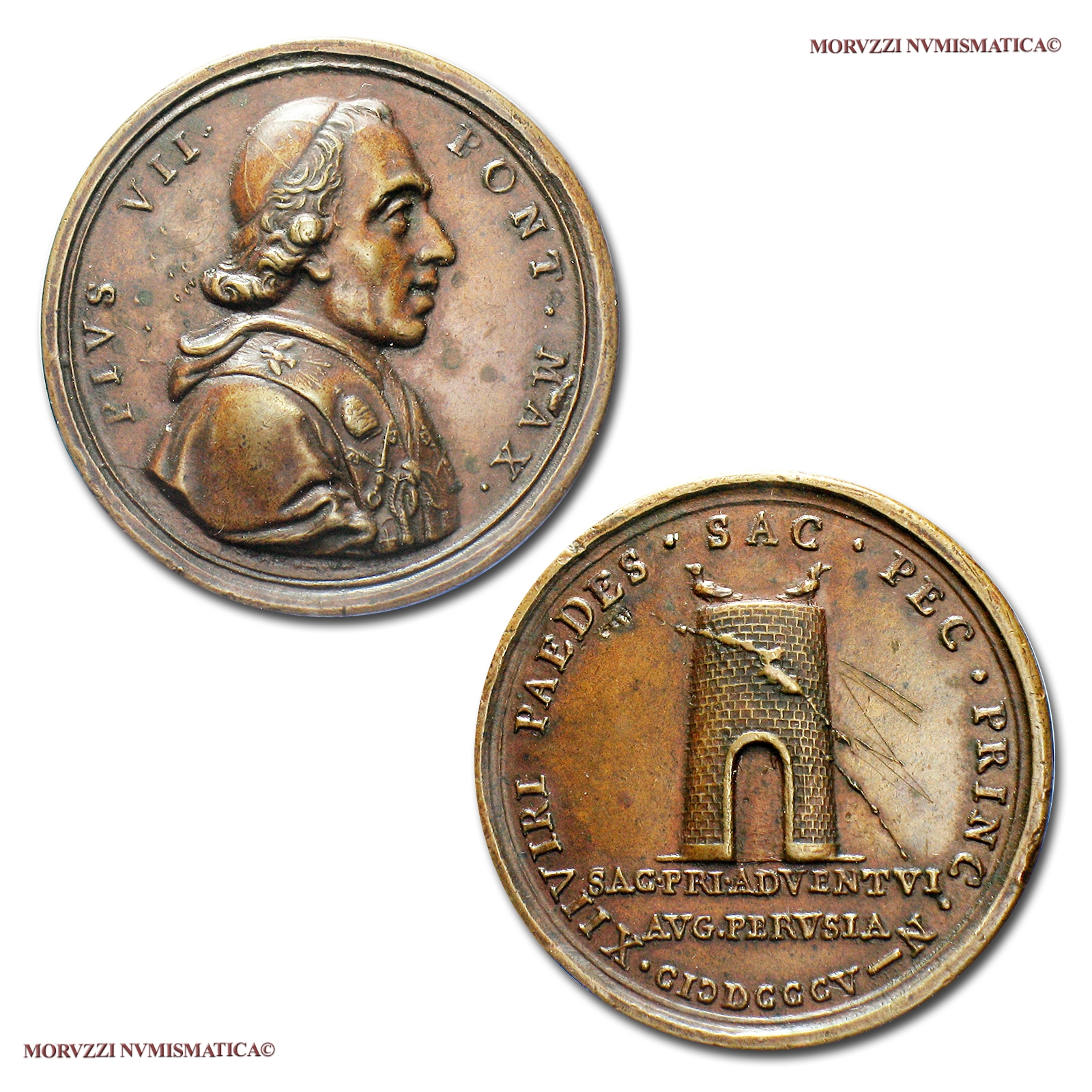 Stato Pontificio, PIO VII, MEDAGLIA STRAORDINARIA IN BRONZO, 1805, Visita del Pontefice a Perugia, Opus T. Mercandetti / anonimo, (Patrignani 41) | Moruzzi Numismatica