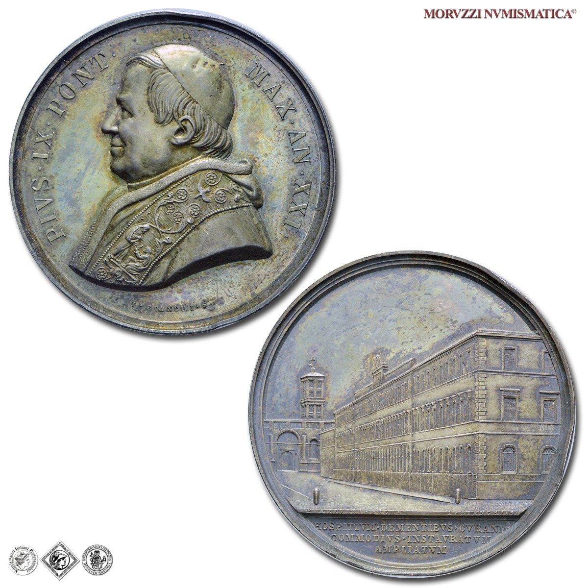 Stato Pontificio, PIO IX, Mastai Ferretti, MEDAGLIA ANNUALE IN ARGENTO, 1866 A XXI, Ospedale Psichiatrico, Opus Ignazio Bianchi, mSPL, (Bartolotti E866) / medaglie papali pontificie annuali d'argento | Moruzzi Numismatica