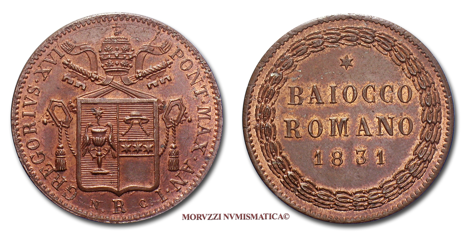 Stato Pontificio, GREGORIO XVI, BAIOCCO ROMANO, 1831, Rame rosso, FDC, (Pagani 259) / Papal States Copper Coins Pope Gregory XVI Cappellari (monete papali di rame - monete pontificie) Gregorius XVI - Gregor XVI. - Grégoire XVI | Moruzzi Numismatica