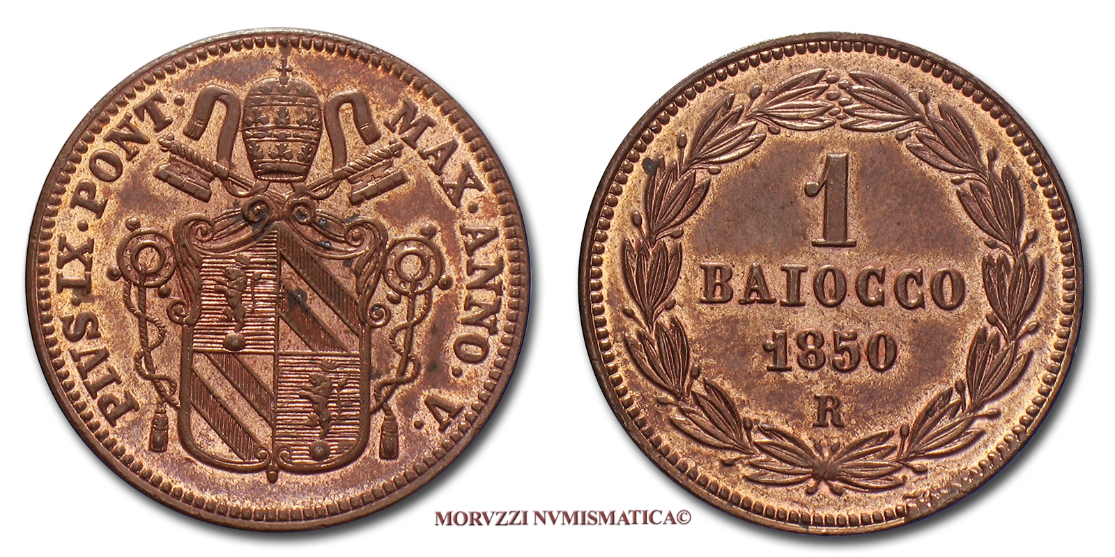 Stato Pontificio, PIO IX, 1 BAIOCCO, 1850, Roma, Rame rosso, FDC, (Pagani 503) / Papal States Pope Pius IX Mastai Ferretti COPPER coins (monete papali di rame - monete pontificie) Pius IX. - Pie IX - Pío IX | Moruzzi Numismatica