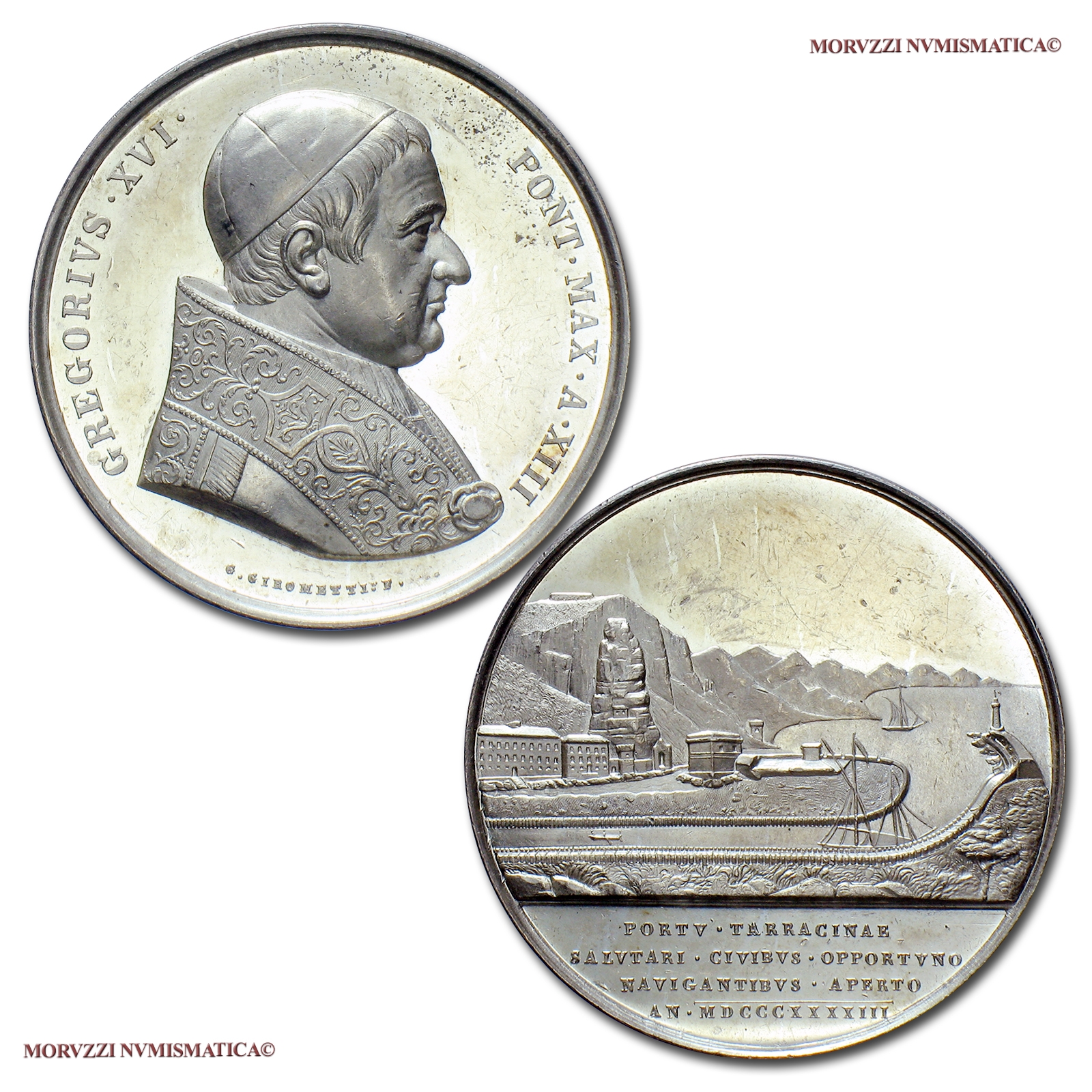 Stato Pontificio, GREGORIO XVI, MEDAGLIA ANNUALE IN ARGENTO, 1843, Sistemazione del porto di Terracina, Opus G. Girometti, FDC, (NC), (Bartolotti 843) / Pope Gregory XVI SILVER MEDAL Papal medals (medaglie papali d'argento) Gregorius XVI - Gregor XVI. | Moruzzi Numismatica
