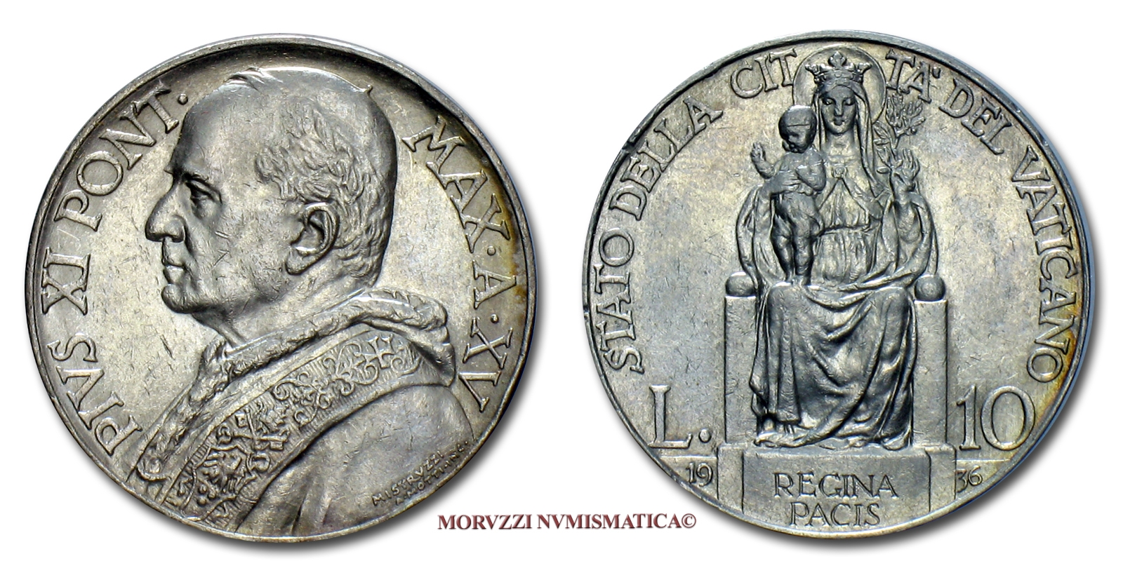 Città del Vaticano, PIO XI, 10 LIRE, 1936, zecca di Roma, ARGENTO, mBB, (Pagani 629) / Pope Pius XI VATICAN SILVER COINS (monete vaticane d'argento - monete papali) Papst Pius XI. - Pape Pie XI - Pío XI plata | Moruzzi Numismatica