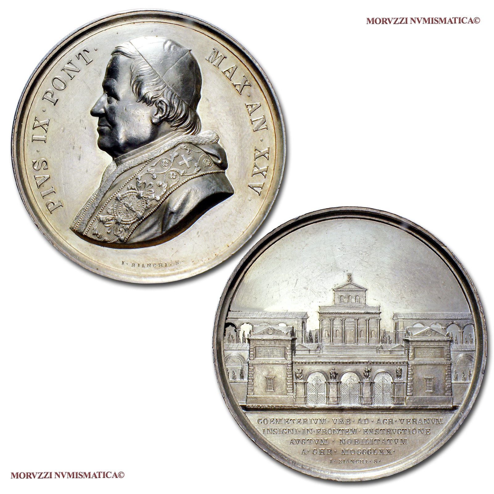 Stato Pontificio, PIO IX, MEDAGLIA ANNUALE IN ARGENTO, 1870 AN XXV, Ingresso al cimitero del Verano, Opus Ignazio Bianchi, SPL, (Bartolotti 870) / Pope Pius IX SILVER MEDAL Papal medals (medaglie papali d'argento) Pius IX. Silbermedaille - Pie IX médaille | Moruzzi Numismatica