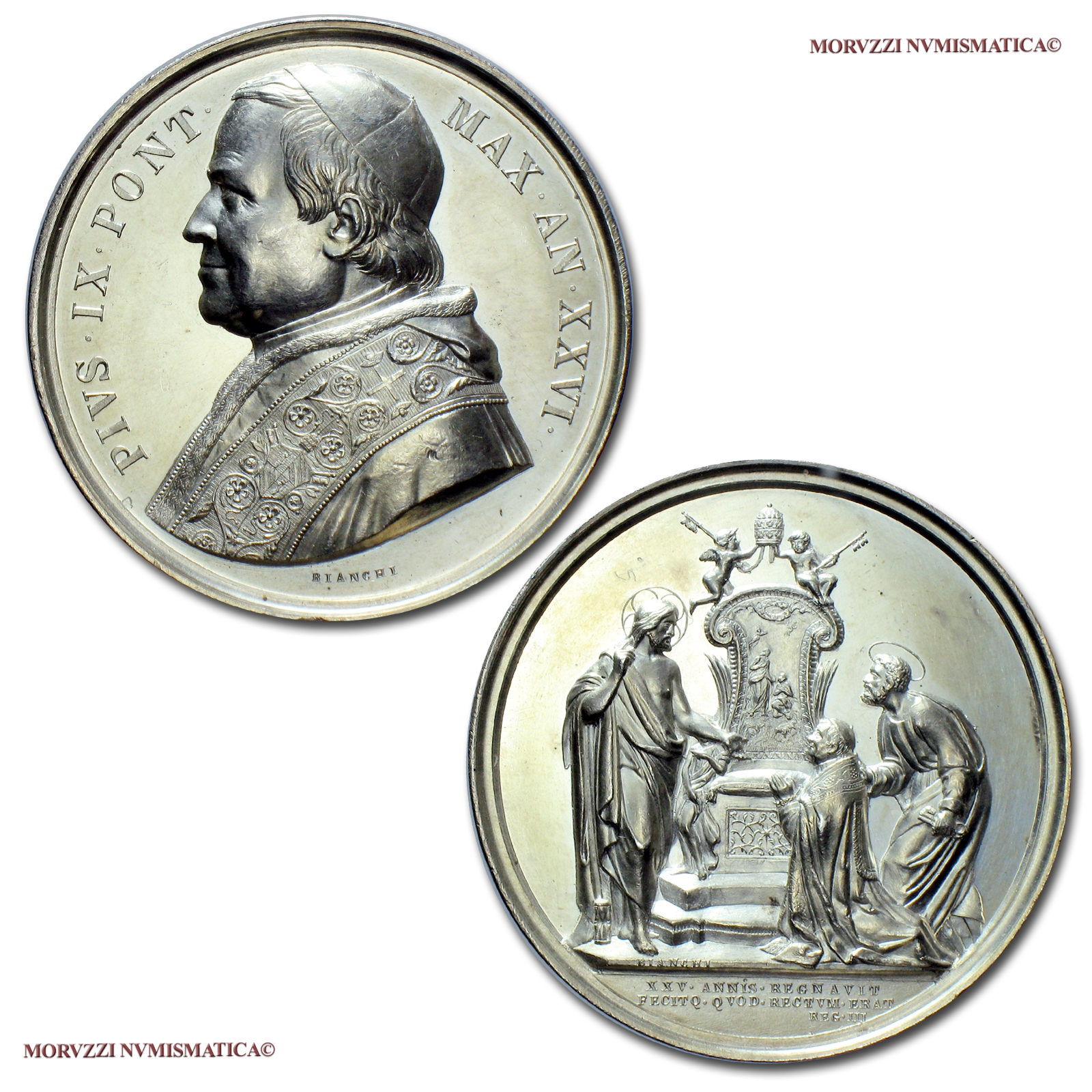 Stato Pontificio, PIO IX, MEDAGLIA ANNUALE IN ARGENTO, 1871 AN XXVI, XXV anniversario elevazione al Pontificato, Opus Ignazio Bianchi, FDC, (Bartolotti 871) / Pope Pius IX SILVER MEDAL Papal medals medaglie papali d'argento Pius IX. Silbermedaille Pie IX | Moruzzi Numismatica