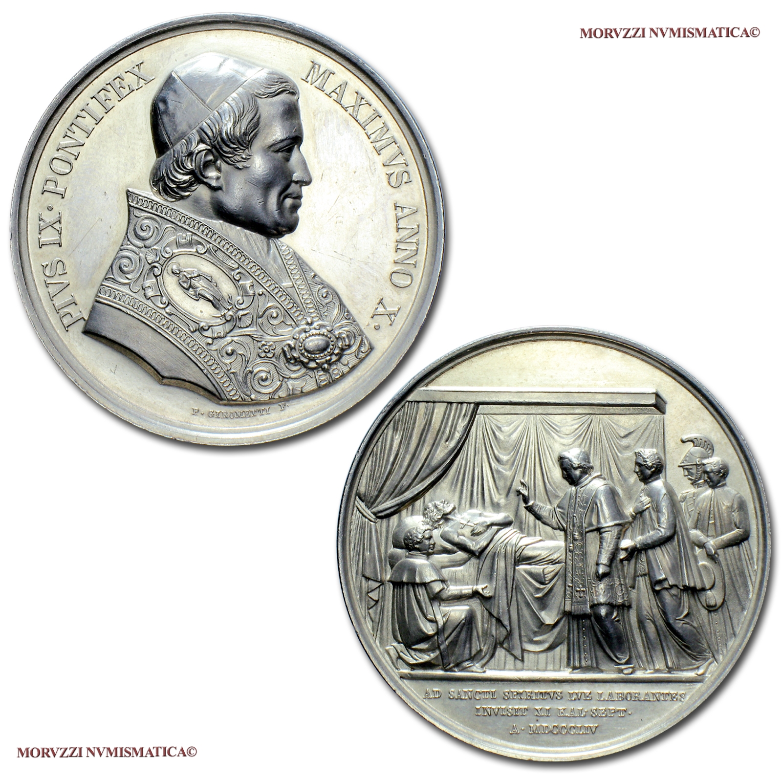 Stato Pontificio, PIO IX, MEDAGLIA IN ARGENTO, 1855 ANNO X, Visita all'Ospedale di Santo Spirito, Opus Pietro Girometti, mSPL, (Bartolotti 855) / Pope Pius IX SILVER MEDAL Papal medals (medaglie papali d'argento) Pius IX. Silbermedaille - Pie IX | Moruzzi Numismatica