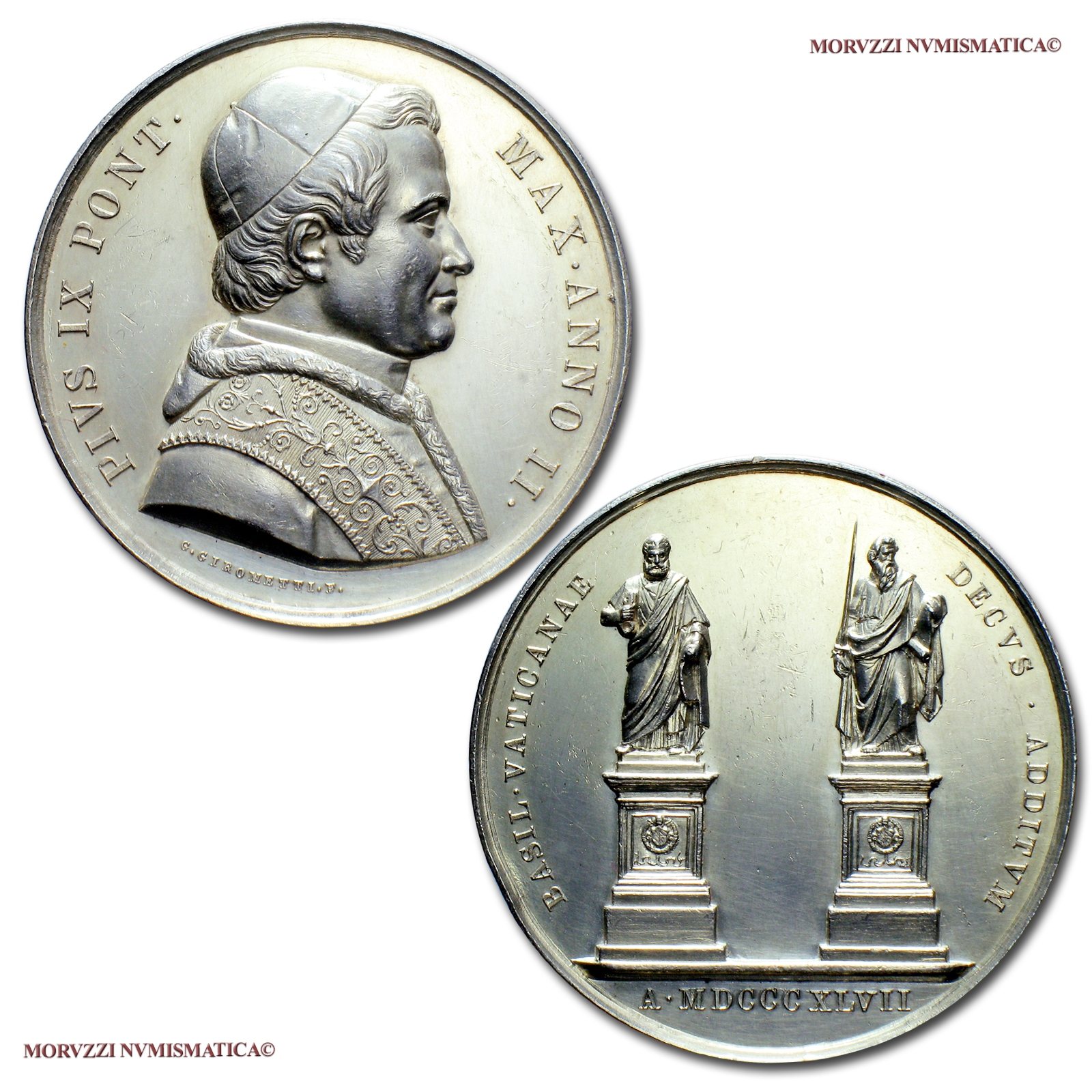 Stato Pontificio, PIO IX, MEDAGLIA ANNUALE IN ARGENTO, 1847 ANNO II, Collocamento delle statue degli apostoli, Opus Giuseppe Girometti, SPL, (Bartolotti 847) Pope Pius IX SILVER MEDAL Papal medals (medaglie papali d'argento) Pius IX. Silbermedaille Pie IX | Moruzzi Numismatica