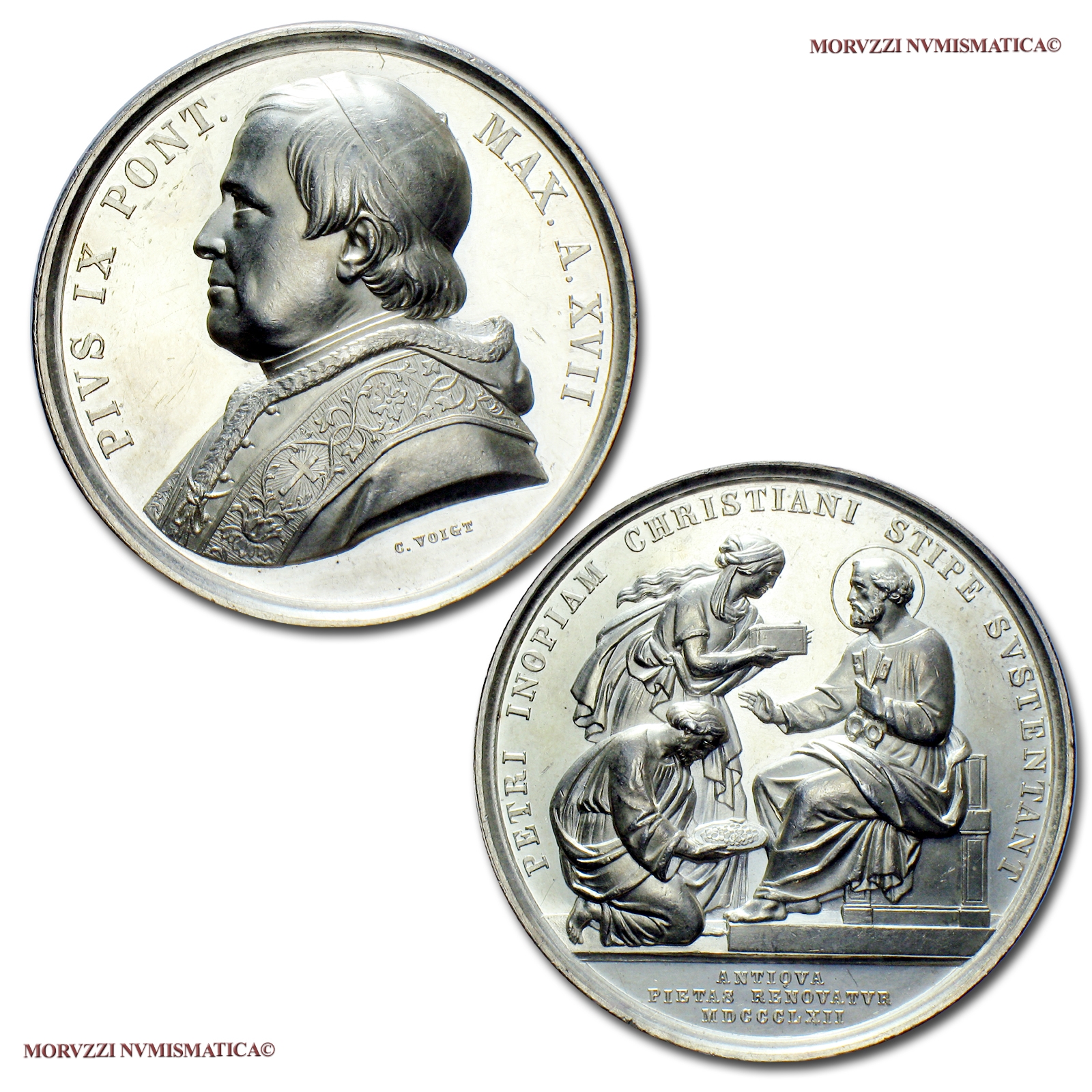 Stato Pontificio, PIO IX, MEDAGLIA ANNUALE IN ARGENTO, 1862 AN XVII, L'obolo di San Pietro, Opus Carlo Voigt, qFDC, (Bartolotti 862) / Pope Pius IX SILVER MEDAL Papal medals (medaglie papali d'argento) Pius IX. Silbermedaille - Pie IX médaille | Moruzzi Numismatica