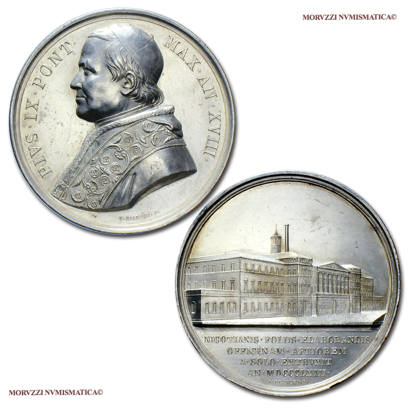 Stato Pontificio, PIO IX, MEDAGLIA ANNUALE IN ARGENTO, 1863 AN XVIII, La Manifattura dei tabacchi, Opus Ignazio Bianchi, SPL, (Bartolotti 863) / Pope Pius IX SILVER MEDAL Papal medals (medaglie papali d'argento) Pius IX. Silbermedaille - Pie IX médaille | Moruzzi Numismatica