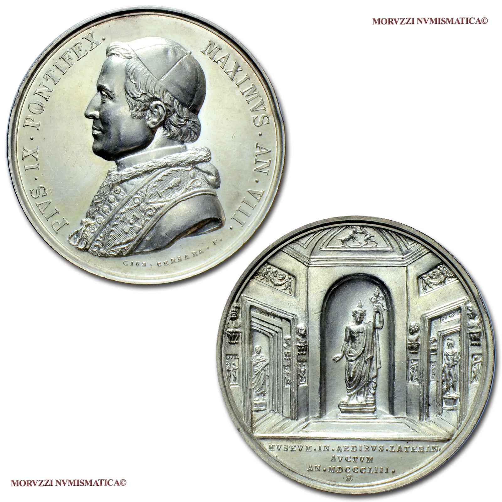 Stato Pontificio, PIO IX, MEDAGLIA ANNUALE IN ARGENTO, 1853 AN VIII, Sistemazione del Museo Lateranense, Opus Giuseppe Cerbara, SPL, (Bartolotti 853) Pope Pius IX SILVER MEDAL Papal medals medaglie papali d'argento Pius IX. Silbermedaille Pie IX médaille | Moruzzi Numismatica
