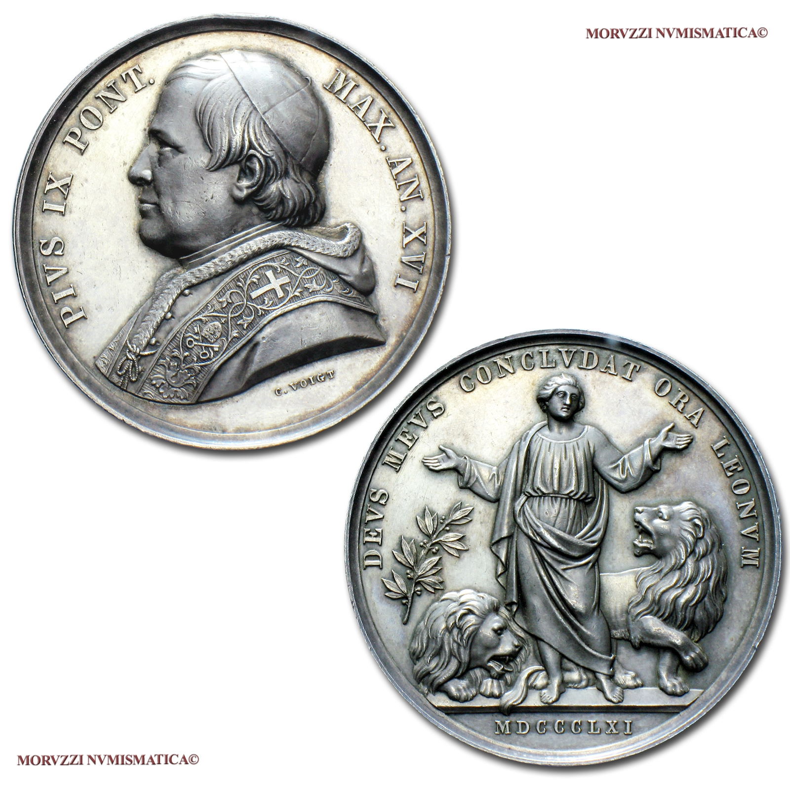 Stato Pontificio, PIO IX, MEDAGLIA ANNUALE IN ARGENTO, 1861 AN XVI, Contro i nemici dello Stato Pontificio, Opus Carlo Voigt, mBB, (Bartolotti 861) Pope Pius IX SILVER MEDAL Papal medals medaglie papali d'argento Pius IX. Silbermedaille Pie IX médaille | Moruzzi Numismatica