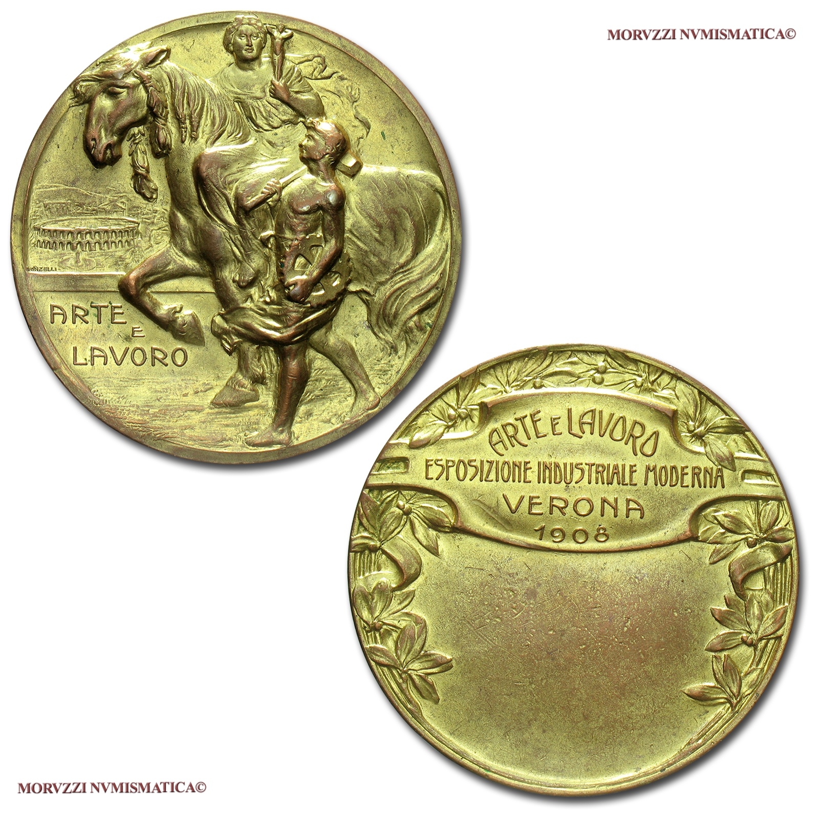 Regno d'Italia, VITTORIO EMANUELE III, MEDAGLIA IN BRONZO DORATO, 1908, Esposizione Industriale moderna di Verona, Opus A. Donzelli, mBB, (NC) / medaglie italiane | Moruzzi Numismatica