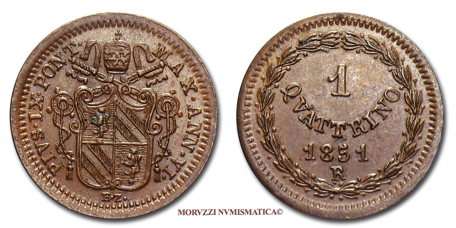 Stato Pontificio, PIO IX, QUATTRINO, 1851, zecca di Roma, qFDC, (Pagani 517) / Pope Pius IX COPPER Papal coins (monete papali di rame - monete pontificie) Pius IX. - Pie IX - Pío IX | Moruzzi Numismatica