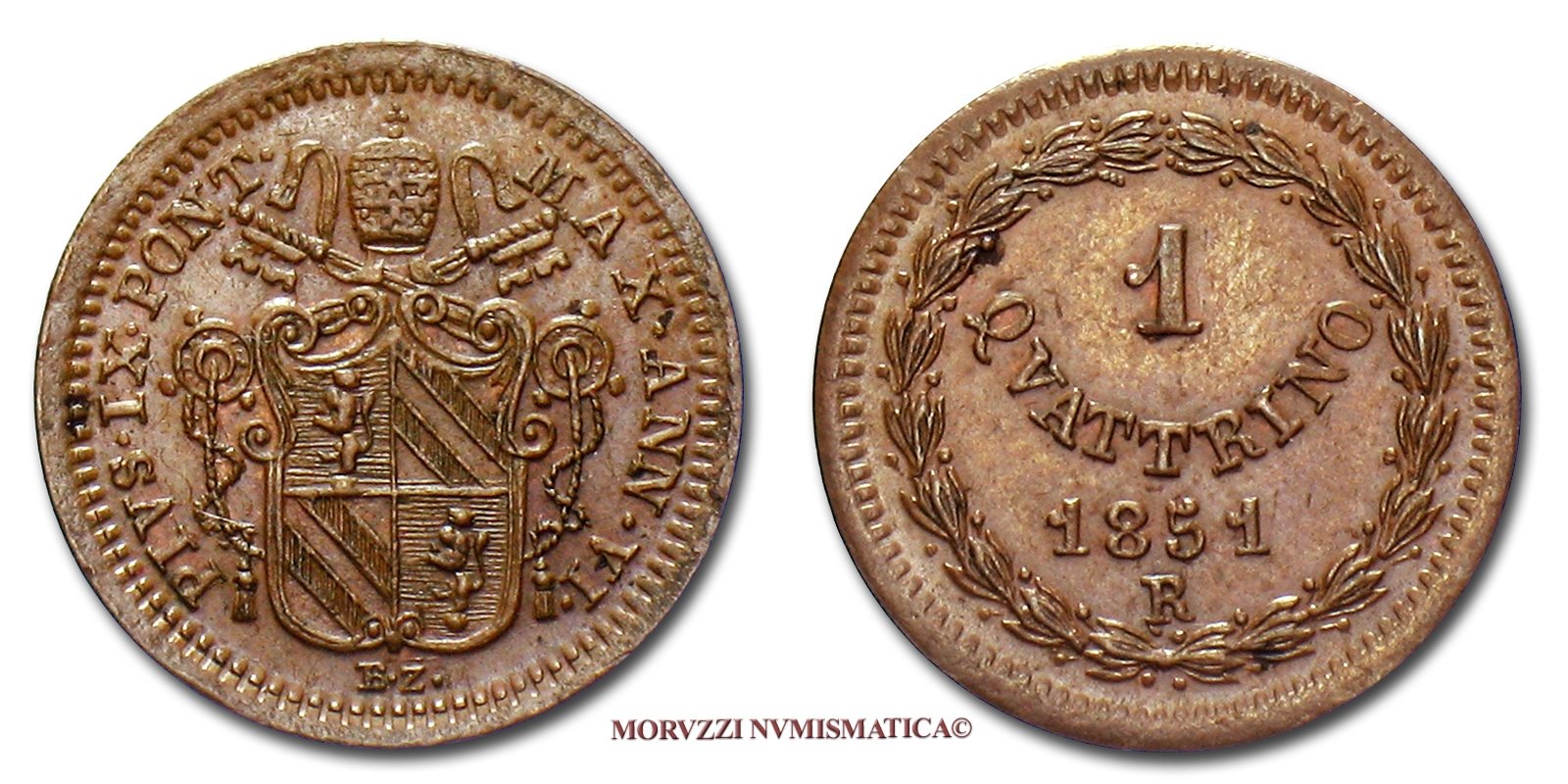 Stato Pontificio, PIO IX, QUATTRINO, 1851, zecca di Roma, qFDC, (Pagani 517) / Pope Pius IX COPPER Papal coins (monete papali di rame - monete pontificie) Pius IX. - Pie IX - Pío IX | Moruzzi Numismatica