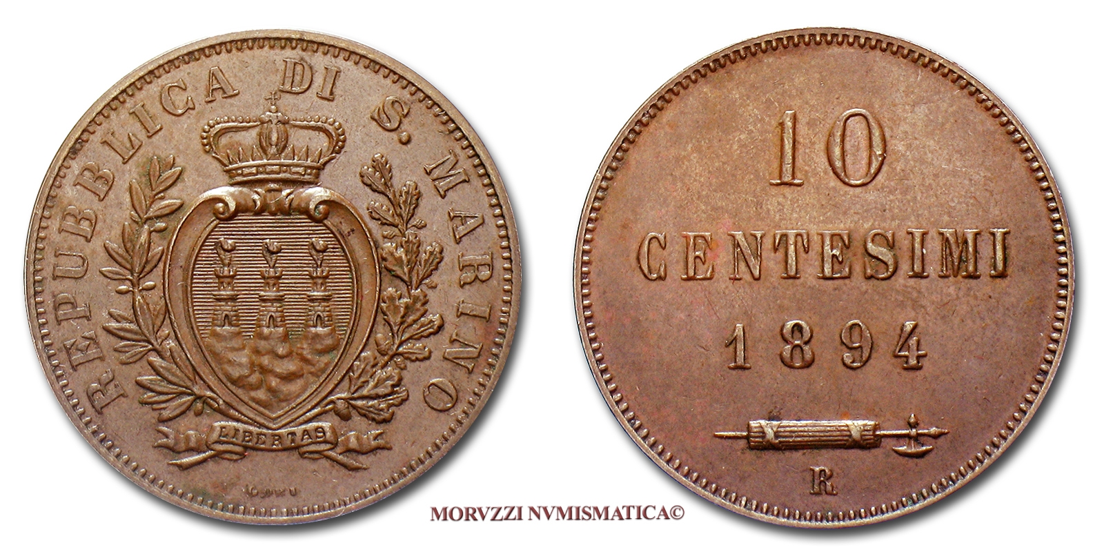 Repubblica di San Marino, VECCHIA MONETAZIONE, 10 CENTESIMI, 1894, zecca di Roma, SPL, (Pagani 372) / monete mondiali di rame (WORLD COPPER COINS) | Moruzzi Numismatica
