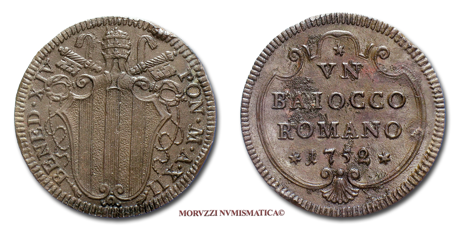 Stato Pontificio, BENEDETTO XIV, BAIOCCO, 1752 A XII, zecca di Roma, RAME, SPL, (NC), (Muntoni 176) / Pope Benedict XIV PAPAL COPPER COINS (monete papali - monete pontificie) Benedikt XIV. - Benoît XIV - Benedictus XIV | Moruzzi Numismatica