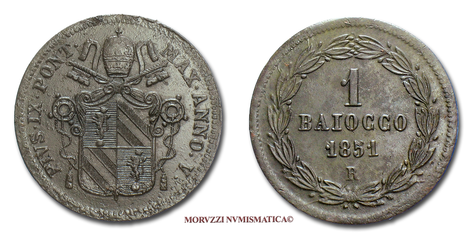Stato Pontificio, PIO IX, BAIOCCO, 1851 ANNO V, zecca di Roma, RAME, SPL, (Pagani 504) / Pope Pius IX COPPER Papal coins (monete papali - monete pontificie) münzen von Pius IX. - monnaies de Pie IX - monedas de Pío IX | Moruzzi Numismatica