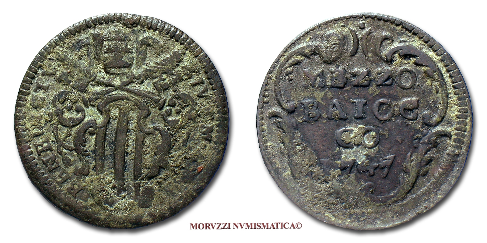 Stato Pontificio, BENEDETTO XIV, 1/2 BAIOCCO, 1747 A VIII, zecca di Gubbio, RAME, MB, (RR), (Muntoni 487) / Papal States Pope Benedictus XIV Lambertini COPPER COINS (monete papali rare - monete pontificie - moneta papale rara da collezione) MEZZO BAJOCCO | Moruzzi Numismatica