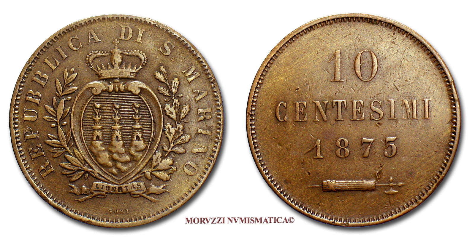 Repubblica di San Marino, VECCHIA MONETAZIONE, 10 CENTESIMI, 1875, zecca di Milano, RAME, qBB, (Pagani 370) / monete mondiali (WORLD COPPER COINS) | Moruzzi Numismatica