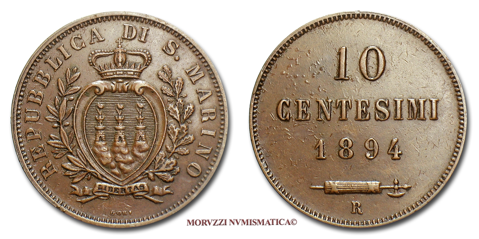 Repubblica di San Marino, VECCHIA MONETAZIONE, 10 CENTESIMI, 1894, zecca di Roma, mBB, (Pagani 372) / monete mondiali di rame (WORLD COPPER COINS) | Moruzzi Numismatica