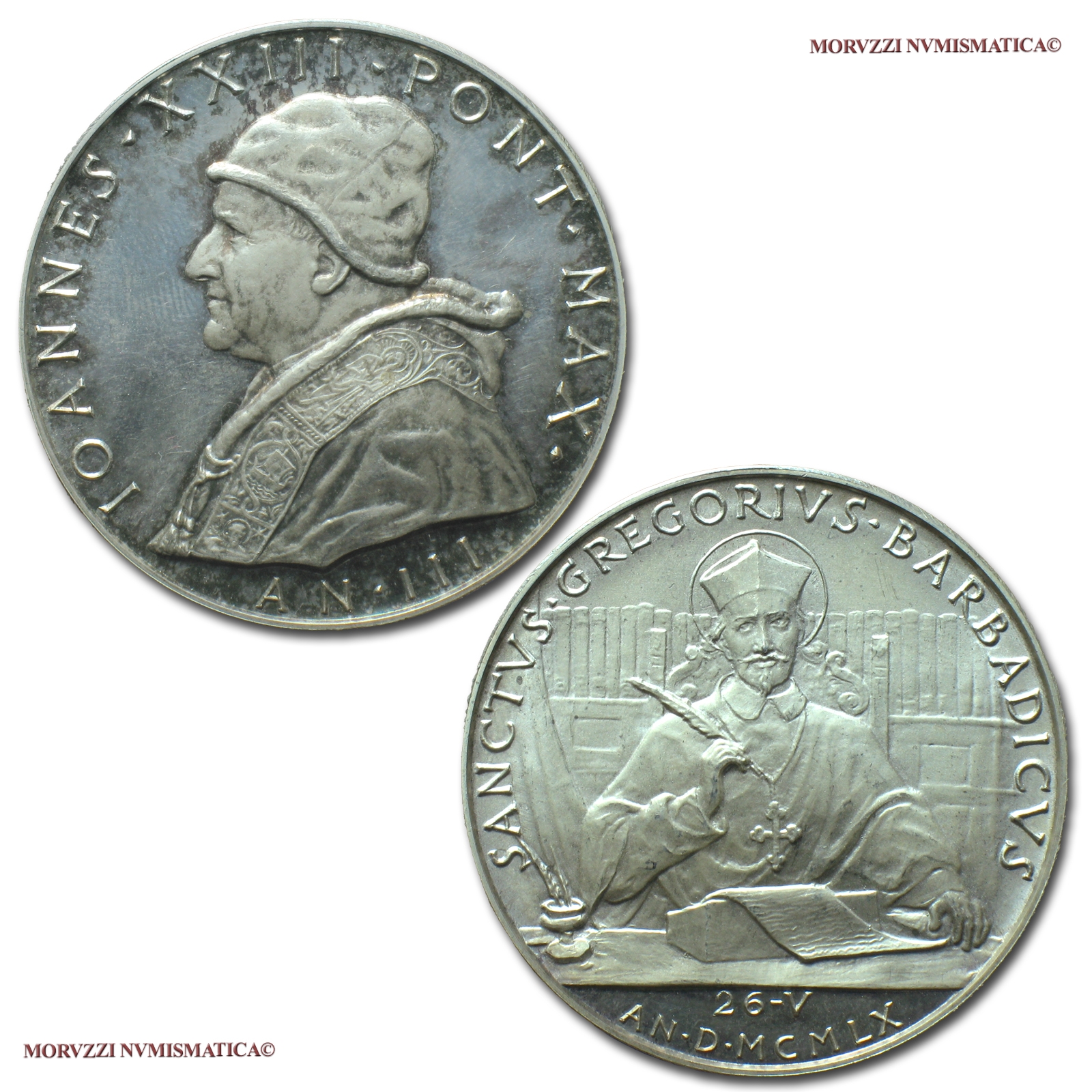 Città del Vaticano, GIOVANNI XXIII, MEDAGLIA ANNUALE IN ARGENTO, 1961 AN III, Canonizzazione di Gregorio Barbadico, Opus Pietro Giampaoli, FDC, (Bartolotti E961) / Pope John XXIII Roncalli SILVER MEDALS (medaglie papali d'argento - medaglie pontificie) | Moruzzi Numismatica