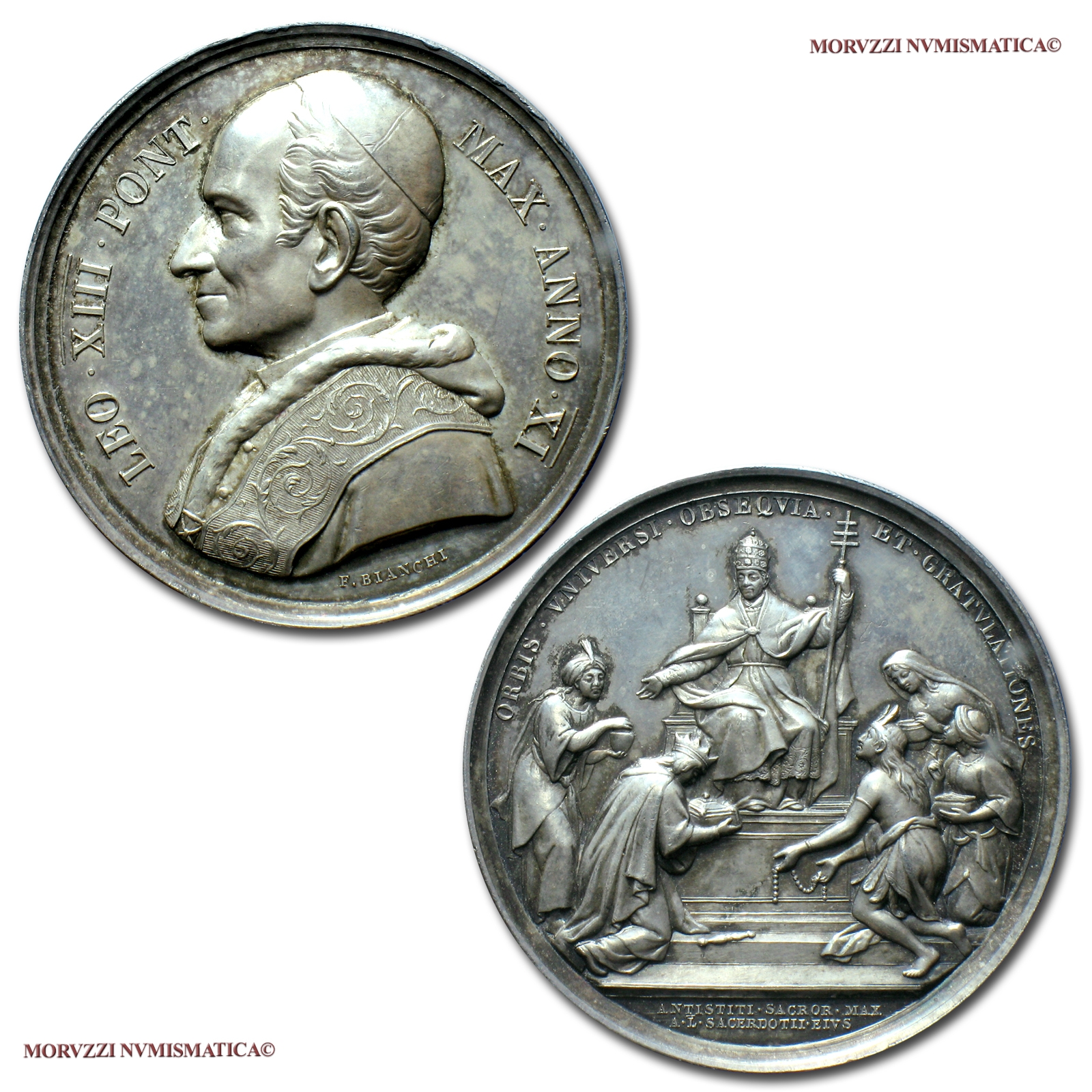 Stato Pontificio, LEONE XIII, MEDAGLIA ANNUALE IN ARGENTO, ANNO XI, 50° anniversario di sacerdozio del Papa, Opus Francesco Bianchi, FDC, (R), (Bartolotti E888) / Pope Leo XIII Pecci SILVER MEDALS (medaglie papali d'argento - medaglie pontificie rare) | Moruzzi Numismatica