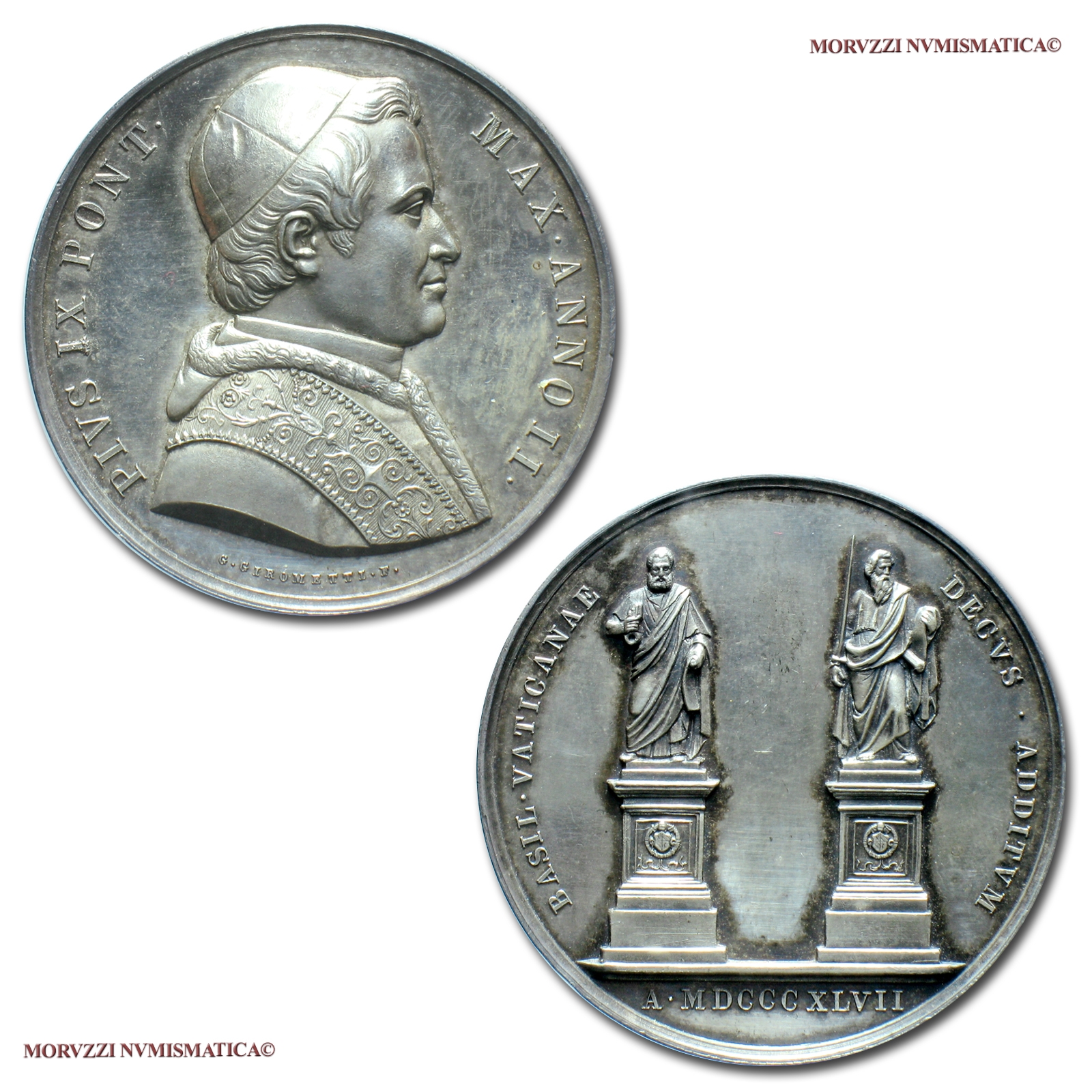 Stato Pontificio, PIO IX, MEDAGLIA ANNUALE IN ARGENTO, 1847 ANNO II, Collocamento delle statue degli apostoli, Opus Giuseppe Girometti, qFDC, (Bartolotti E847) / Pope Pius IX SILVER MEDALS (medaglie papali d'argento - medaglie pontificie annuali) | Moruzzi Numismatica