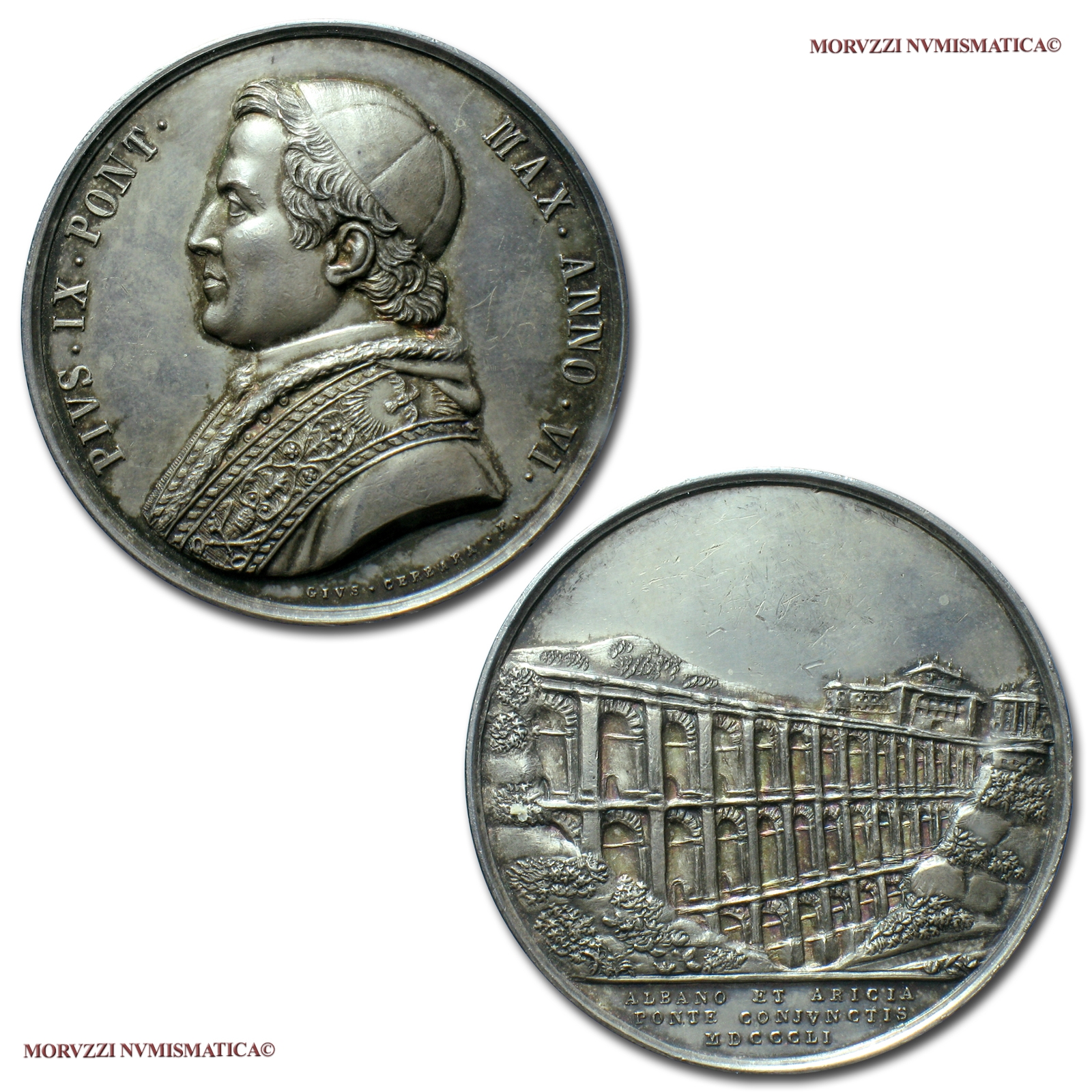 Stato Pontificio, PIO IX, MEDAGLIA ANNUALE IN ARGENTO, 1851 ANNO VI, Costruzione del Ponte di Ariccia, Opus Giuseppe Cerbara, qFDC, (R), (Bartolotti E851) / Pope Pius IX Mastai Ferretti SILVER MEDALS (medaglie papali d'argento - medaglie pontificie rare) | Moruzzi Numismatica