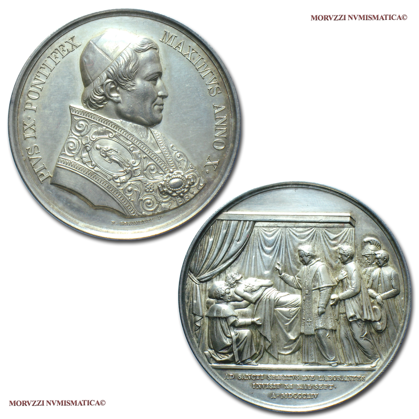 Stato Pontificio, PIO IX, MEDAGLIA IN ARGENTO, 1855 ANNO X, Visita all'Ospedale di Santo Spirito, Opus Pietro Girometti, mSPL, (Bartolotti E855) / Papal States Pope Pius IX Mastai Ferretti SILVER MEDALS (medaglie papali d'argento - medaglie pontificie) | Moruzzi Numismatica