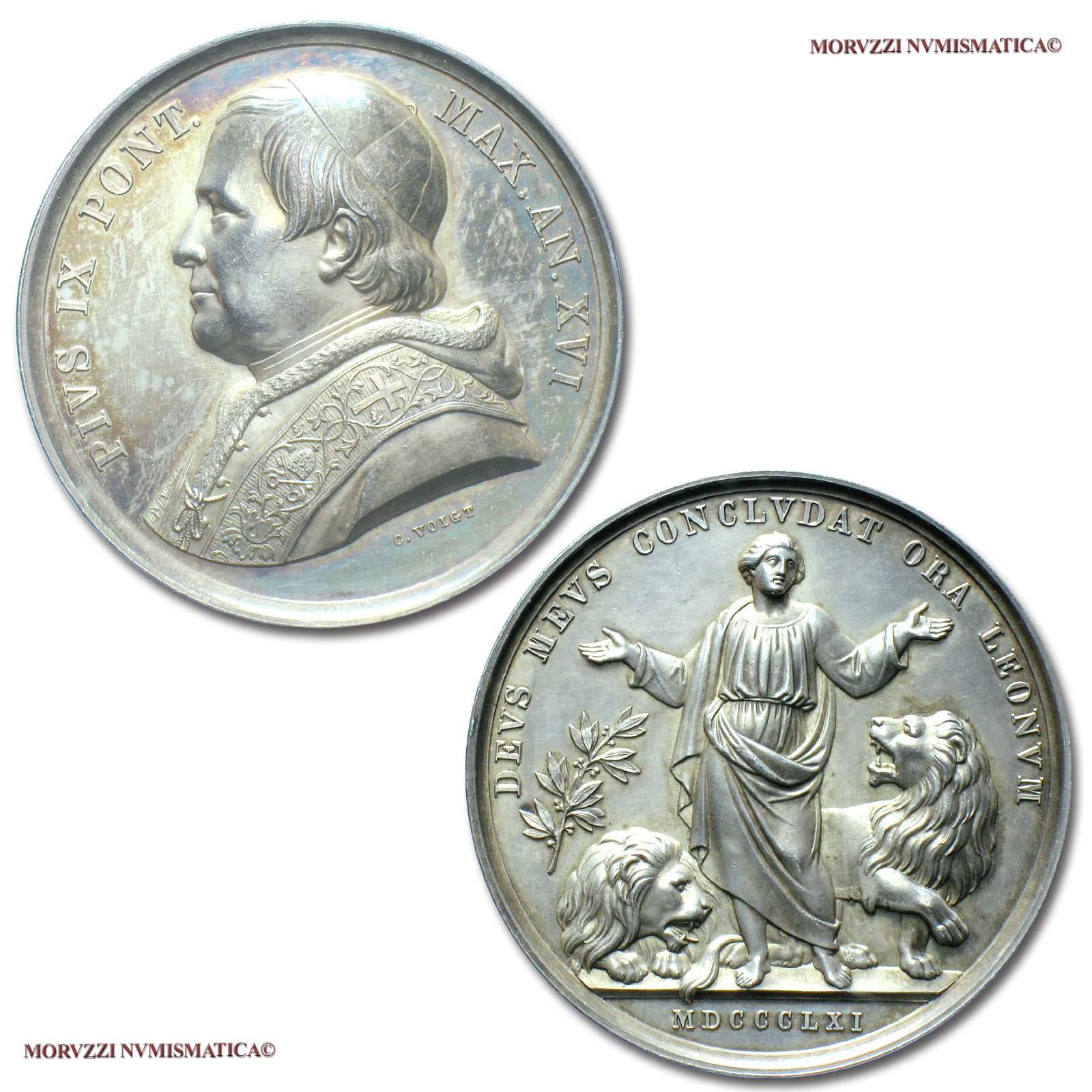 Stato Pontificio, PIO IX, MEDAGLIA ANNUALE IN ARGENTO, 1861 AN XVI, Contro i nemici dello Stato Pontificio, Opus Carlo Voigt, qFDC, (NC), (Bartolotti E861) / Papal States Pope Pius IX SILVER MEDALS (medaglie papali d'argento - medaglie pontificie) | Moruzzi Numismatica