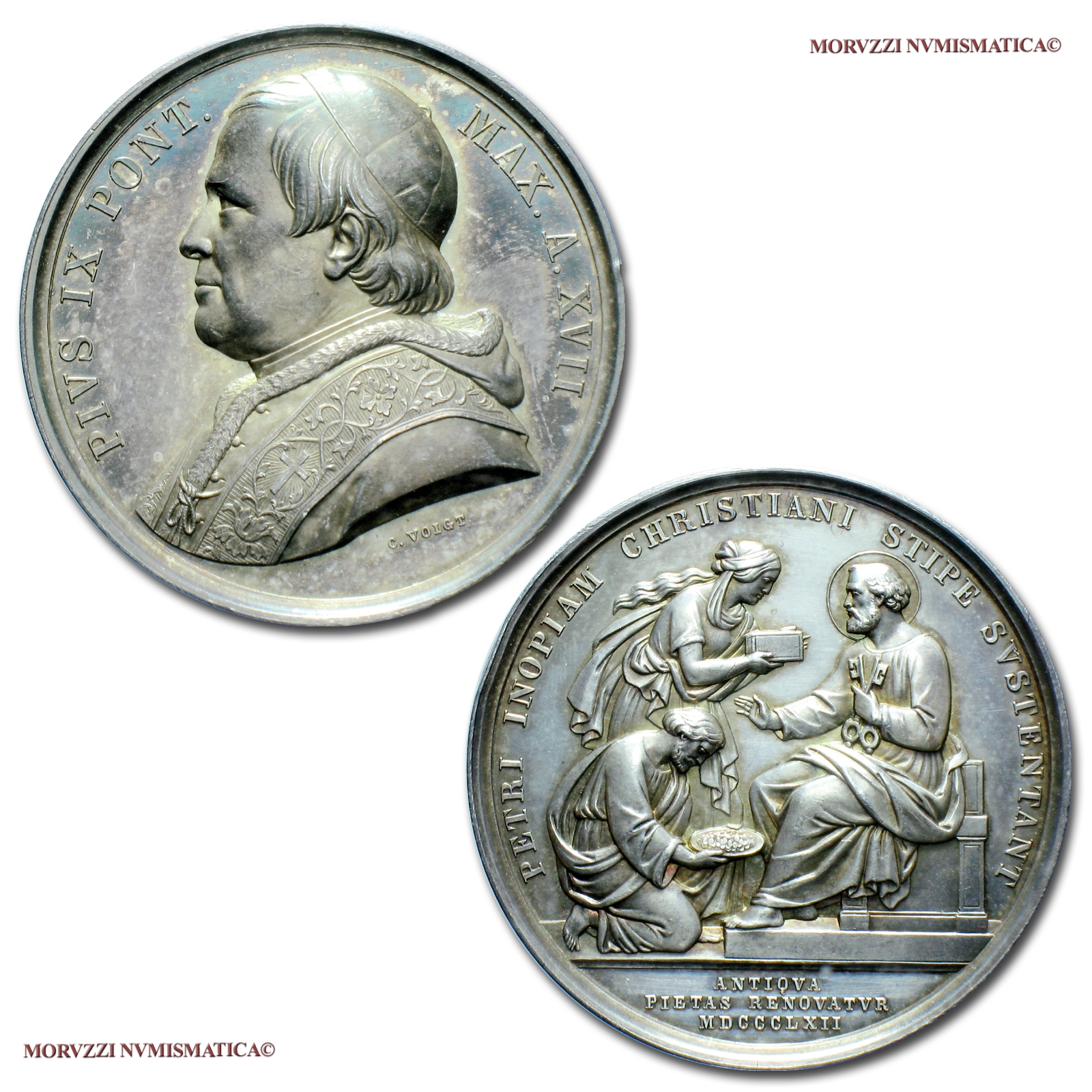 Stato Pontificio, PIO IX, MEDAGLIA ANNUALE IN ARGENTO, 1862 A XVII, L'obolo di San Pietro, Opus Carlo Voigt, qFDC, (Bartolotti E862) Papal States Pope Pius IX SILVER MEDALS (medaglie papali d'argento - medaglie pontificie annuali) Pius IX. Silbermedaillen | Moruzzi Numismatica
