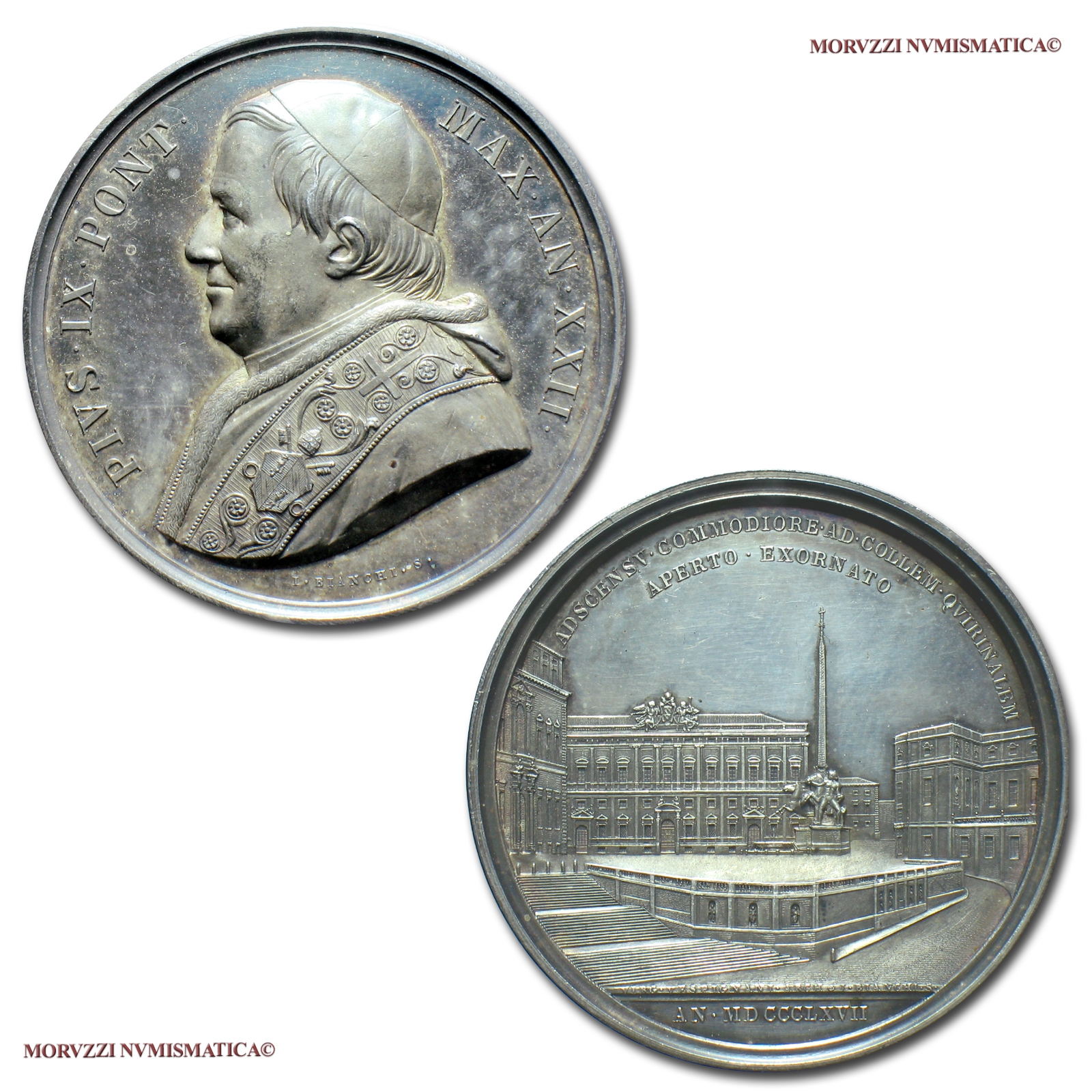 Stato Pontificio, PIO IX, MEDAGLIA ANNUALE IN ARGENTO, 1867 AN XXII, La scalinata di Piazza del Quirinale, Opus Ignazio Bianchi, FDC, (Bartolotti E867) / Papal States Pope Pius IX SILVER MEDALS (medaglie papali d'argento - medaglie pontificie annuali) | Moruzzi Numismatica