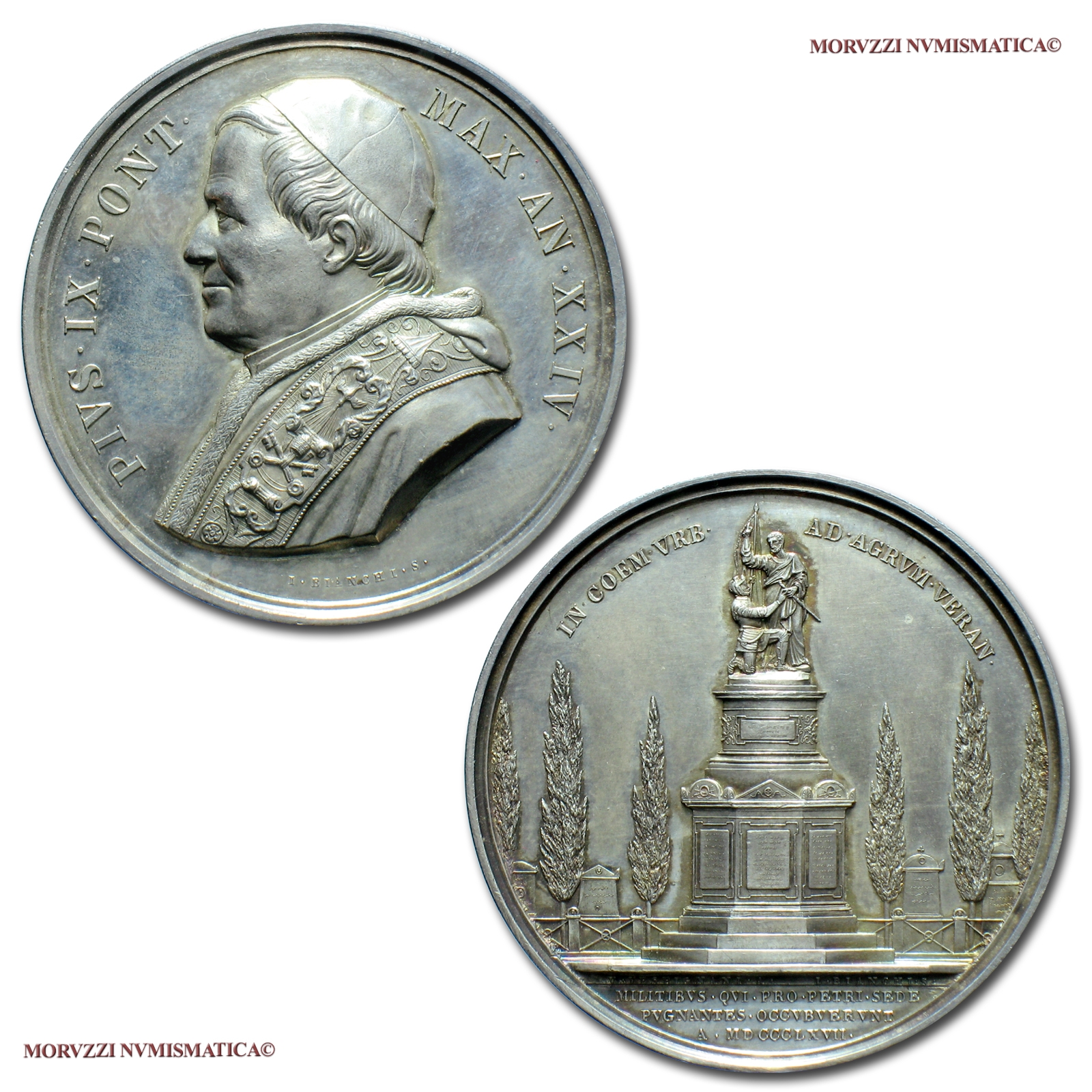 Stato Pontificio, PIO IX, MEDAGLIA ANNUALE IN ARGENTO, AN XXIV (1869), Monumento ai caduti eretto al Campo Verano, Opus Giuseppe Bianchi, qFDC, (Bartolotti E869) / Papal States Pope Pius IX SILVER MEDALS (medaglie papali d'argento - medaglie pontificie) | Moruzzi Numismatica