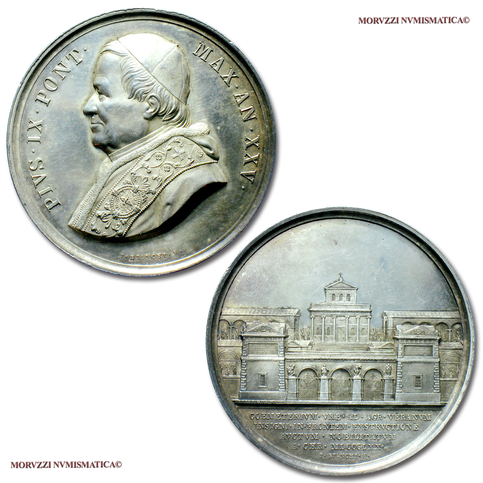 Stato Pontificio, PIO IX, MEDAGLIA ANNUALE IN ARGENTO, 1870 AN XXV, Ingresso al cimitero del Verano, Opus Ignazio Bianchi, FDC, (NC), (Bartolotti E870) / Papal States Pope Pius IX SILVER MEDALS (medaglie papali d'argento - medaglie pontificie) | Moruzzi Numismatica
