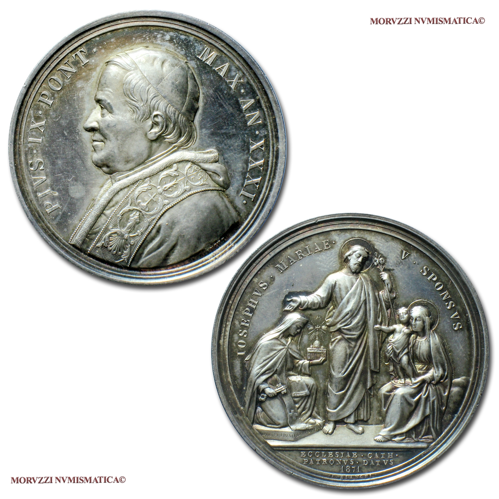 Stato Pontificio, PIO IX, MEDAGLIA ANNUALE IN ARGENTO, AN XXXI (1876), San Giuseppe Patrono della Chiesa Universale, Opus Ignazio e Francesco Bianchi, qFDC, (R), (Bartolotti E876) / Pius IX Mastai Ferretti SILVER MEDALS (medaglie papali rare d'argento) | Moruzzi Numismatica