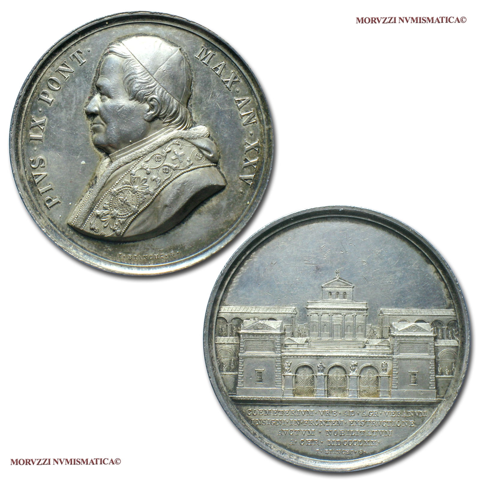 Stato Pontificio, PIO IX, MEDAGLIA ANNUALE IN ARGENTO, 1870 AN XXV, Ingresso al cimitero del Verano, Opus Ignazio Bianchi, FDC, (NC), (Bartolotti E870) / Papal States Pope Pius IX SILVER MEDALS (medaglie papali d'argento - medaglie pontificie) | Moruzzi Numismatica